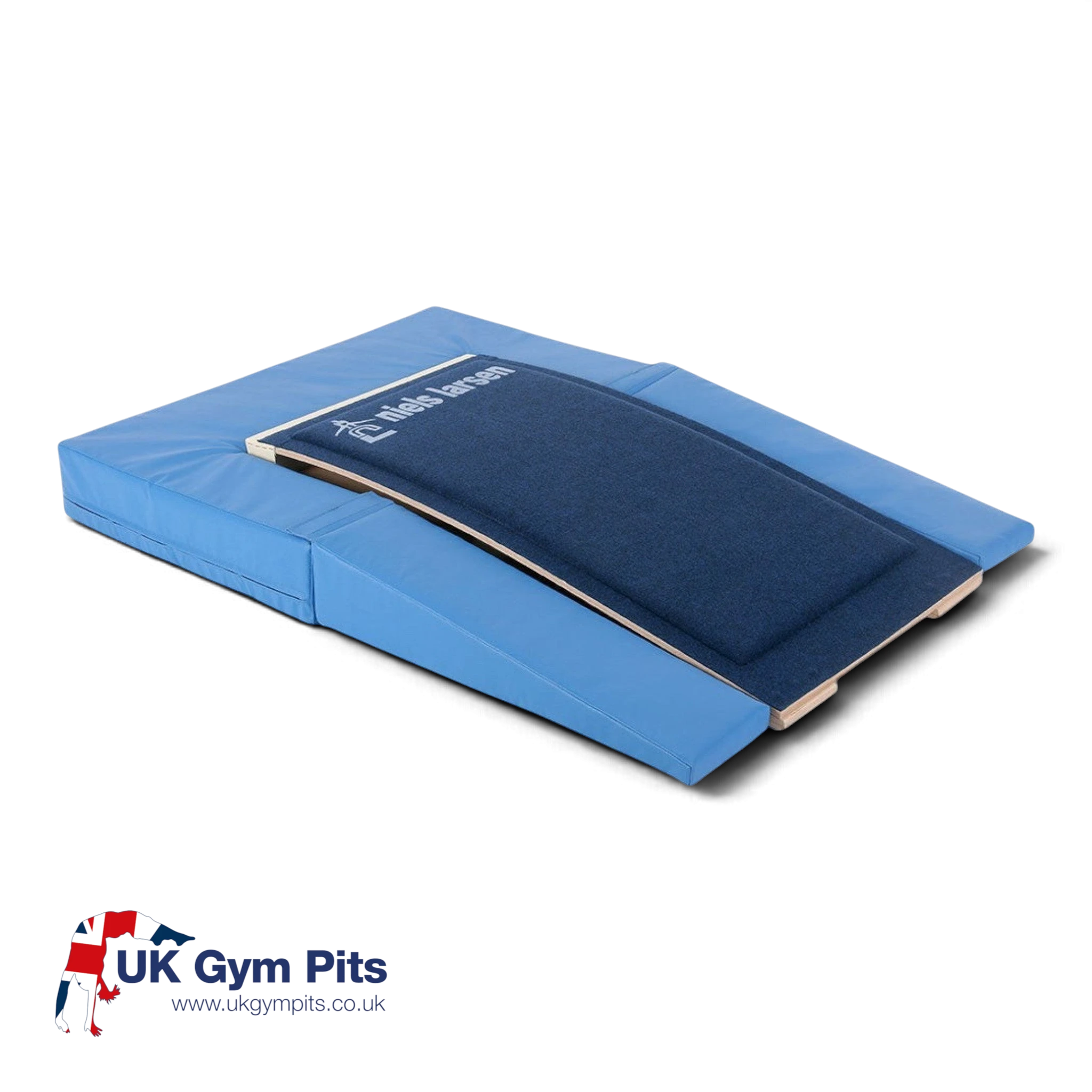 UK Gym Pits blue PVC foam springboard surround fitted around a gymnastics springboard for safety and protection