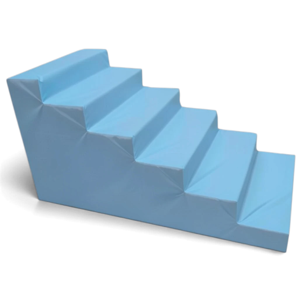 UK Gym Pits light blue foam steps for trampolines with deep treads and durable PVC cover for gymnastics and soft play.