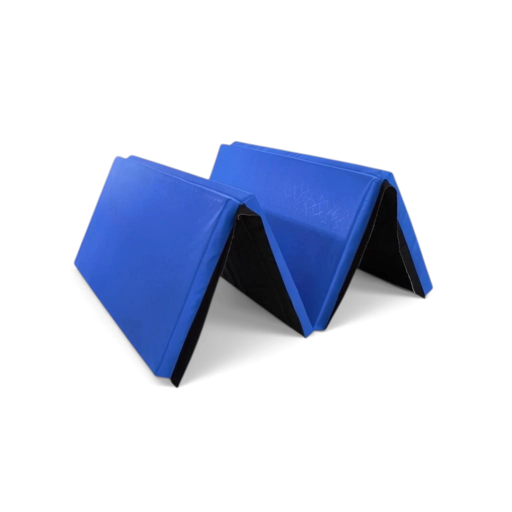 UK Gym Pits blue foldable gymnastics mat made of durable PVC with a convenient carry handle for easy transport