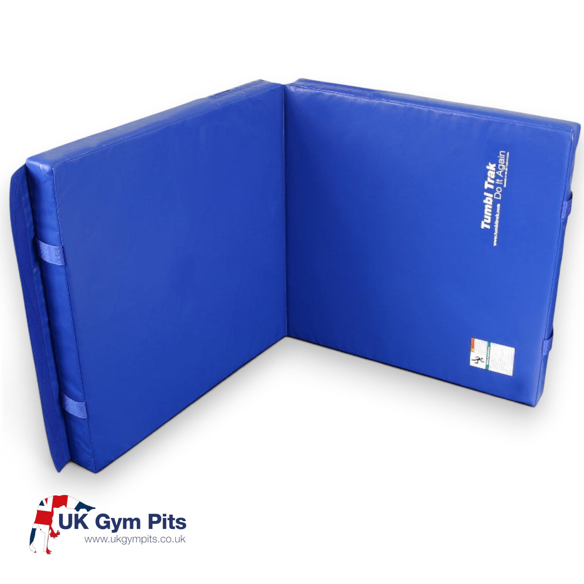 UK Gym Pits royal blue folding gymnastics practice mat with soft foam cushioning and webbed handles
