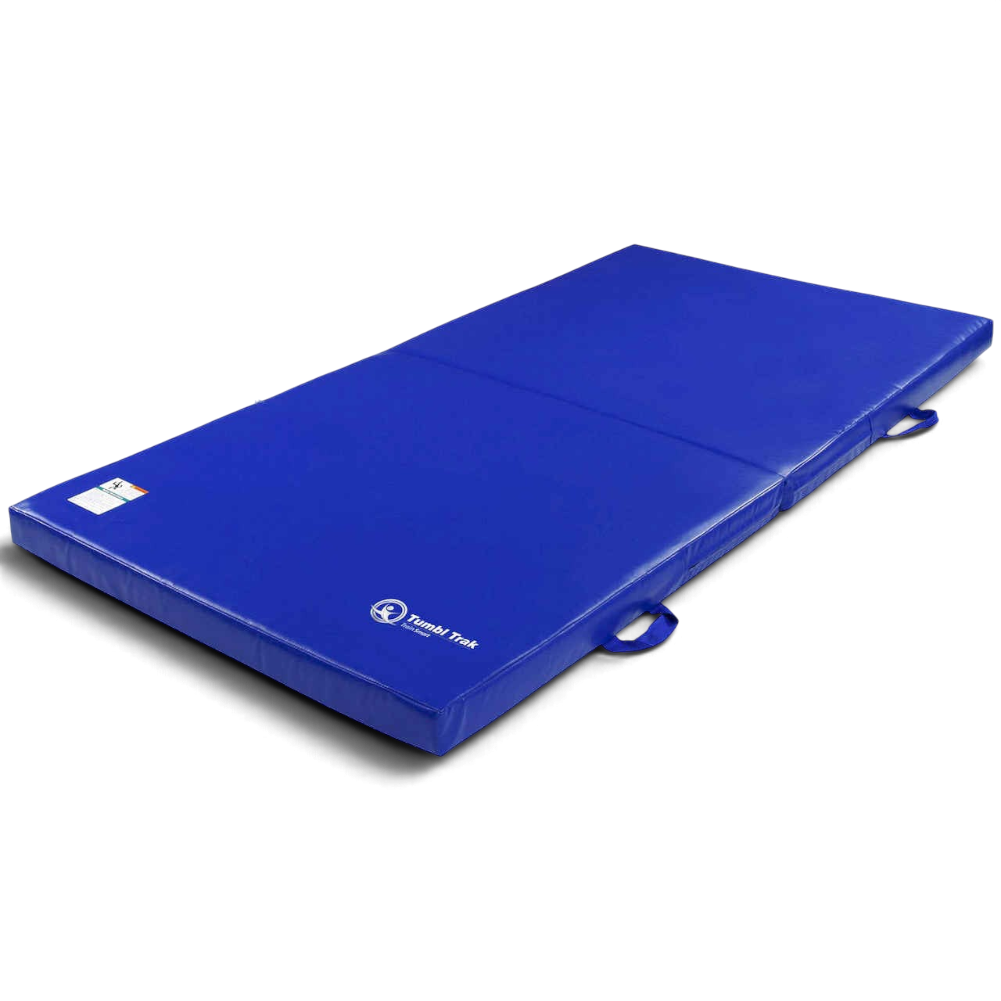 UK Gym Pits blue foldable gymnastics practice mat with reinforced nylon handles and non-skid base.