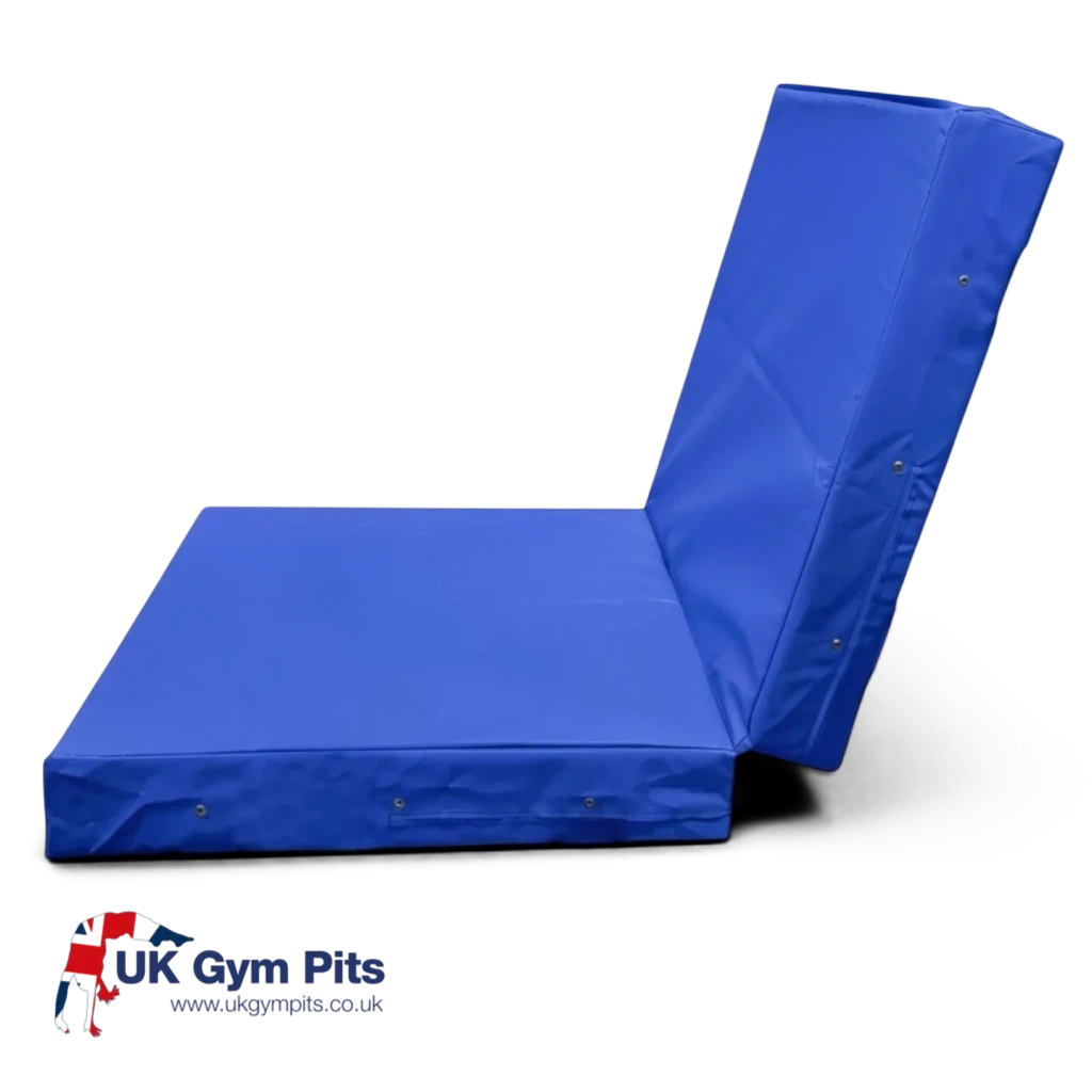 UK Gym Pits blue folding gymnastics safety mat with shock-absorbing foam and heavy-duty PVC cover