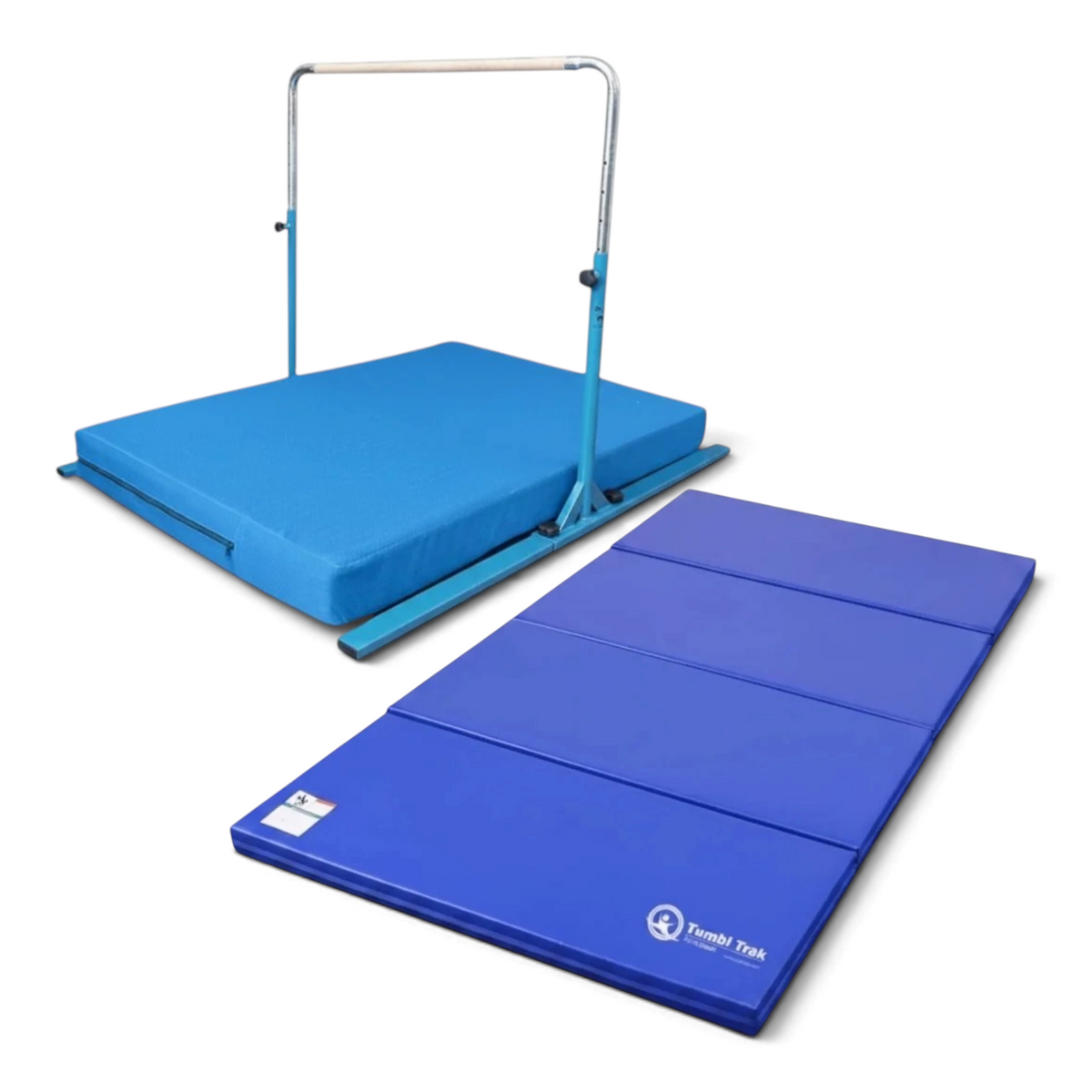 UK Gym Pits blue folding tumbling mat for gymnastics and exercise, made with durable vinyl and foam panels.