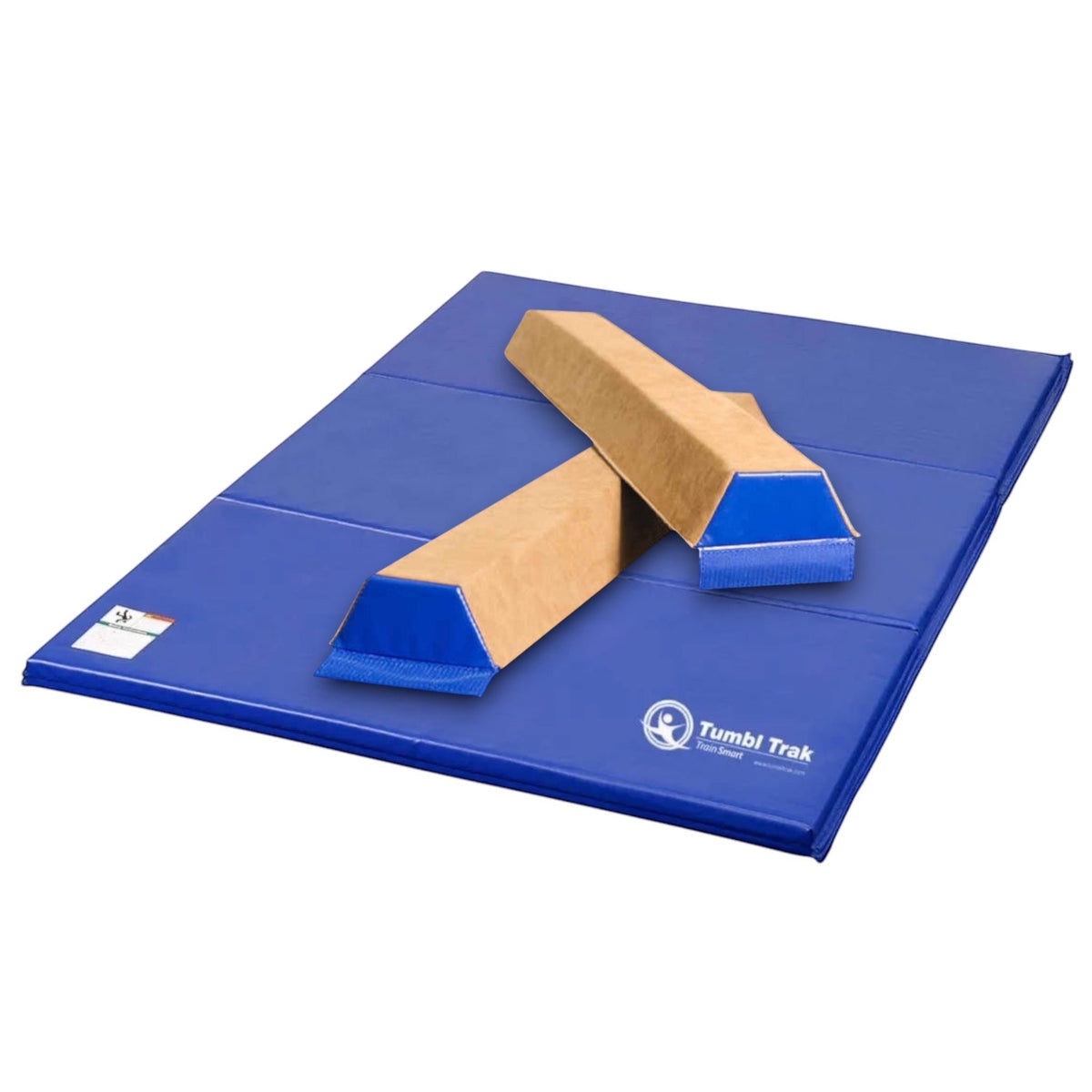 UK Gym Pits blue folding tumbling mat for gymnastics practice on a white background