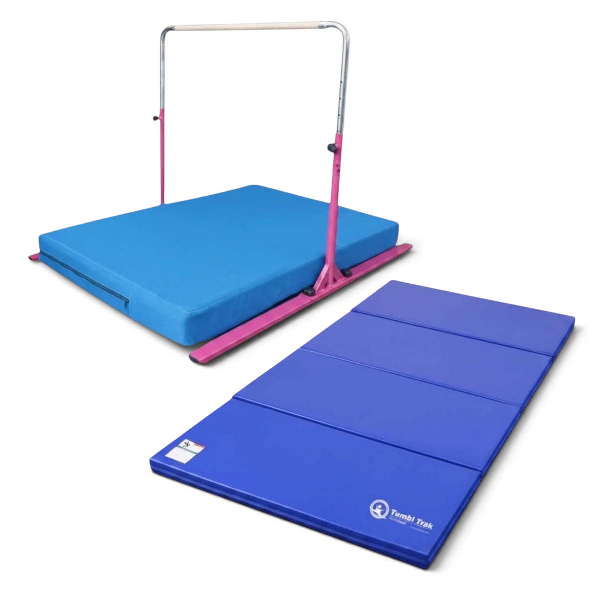 UK Gym Pits blue folding tumbling mat for gymnastics and exercise, made with durable vinyl and foam panels.