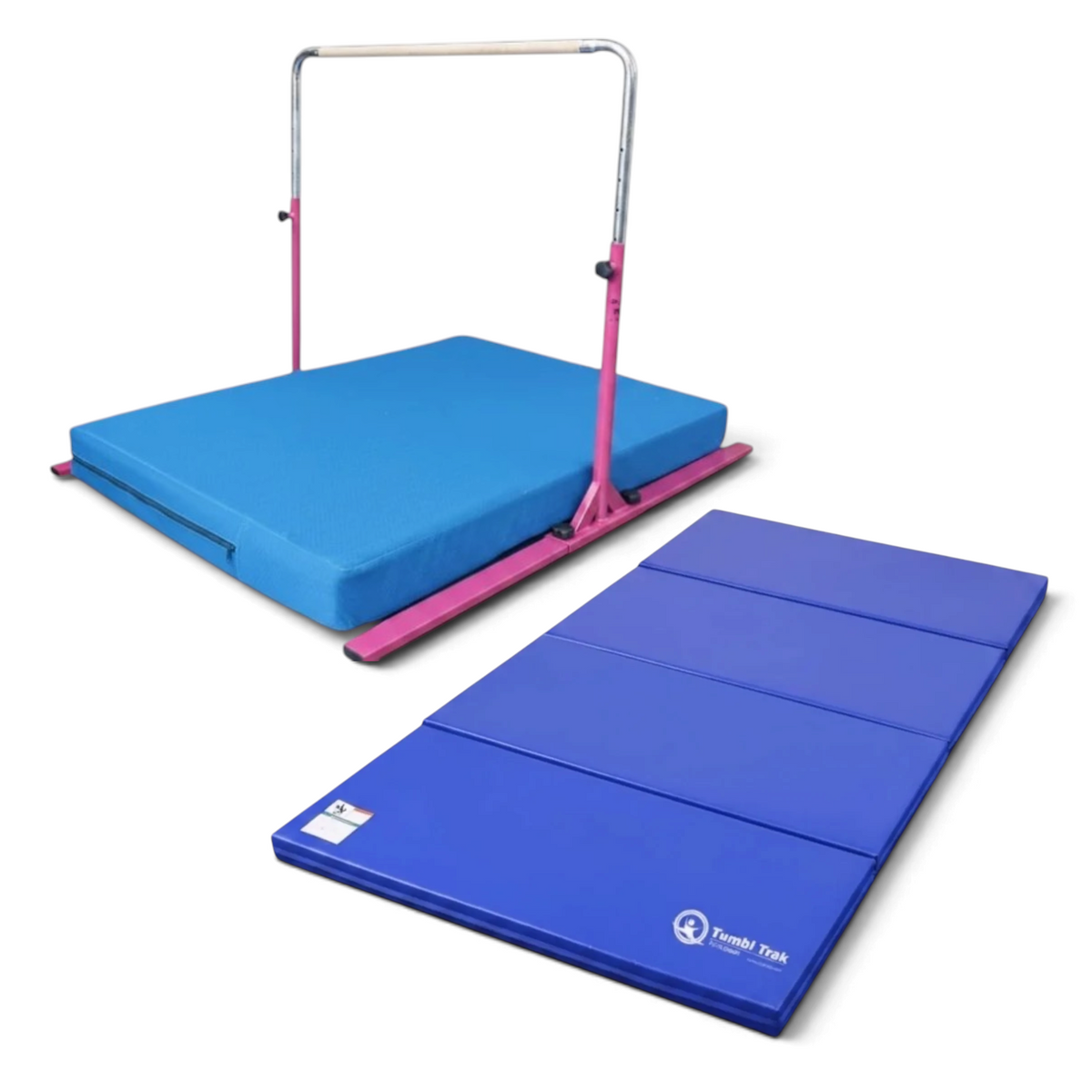 UK Gym Pits blue folding tumbling mat for gymnastics and exercise, made with durable vinyl and foam panels.