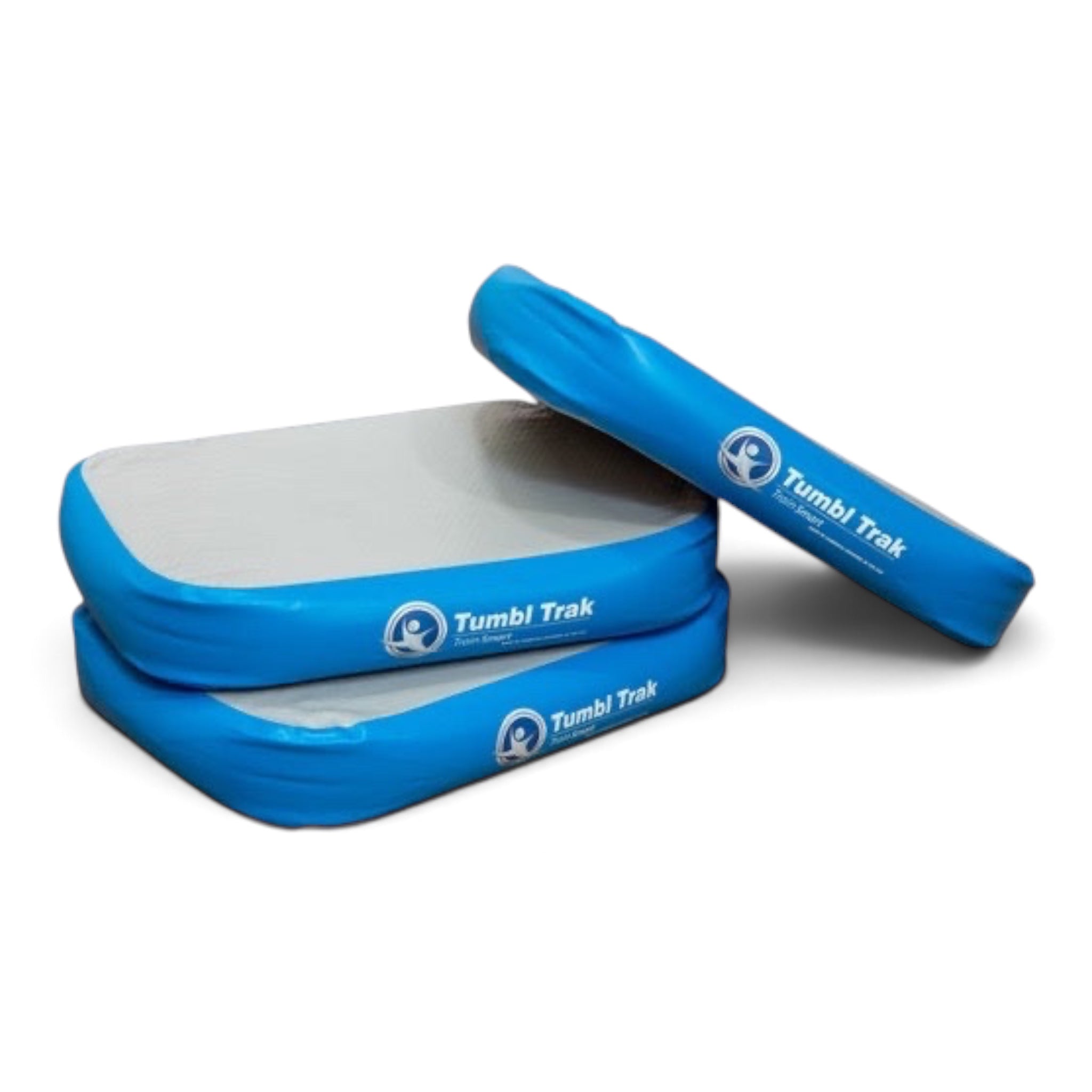 UK Gym Pits blue and grey air-filled Hot Blocks for gymnastics training with Tumbl Trak branding