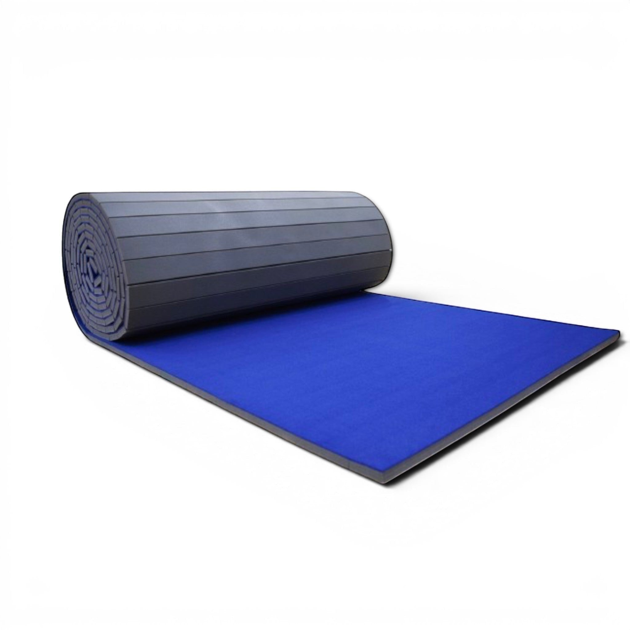 UK Gym Pits blue carpet mat roll for gymnastics sprung floors, featuring durable foam backing for shock absorption.