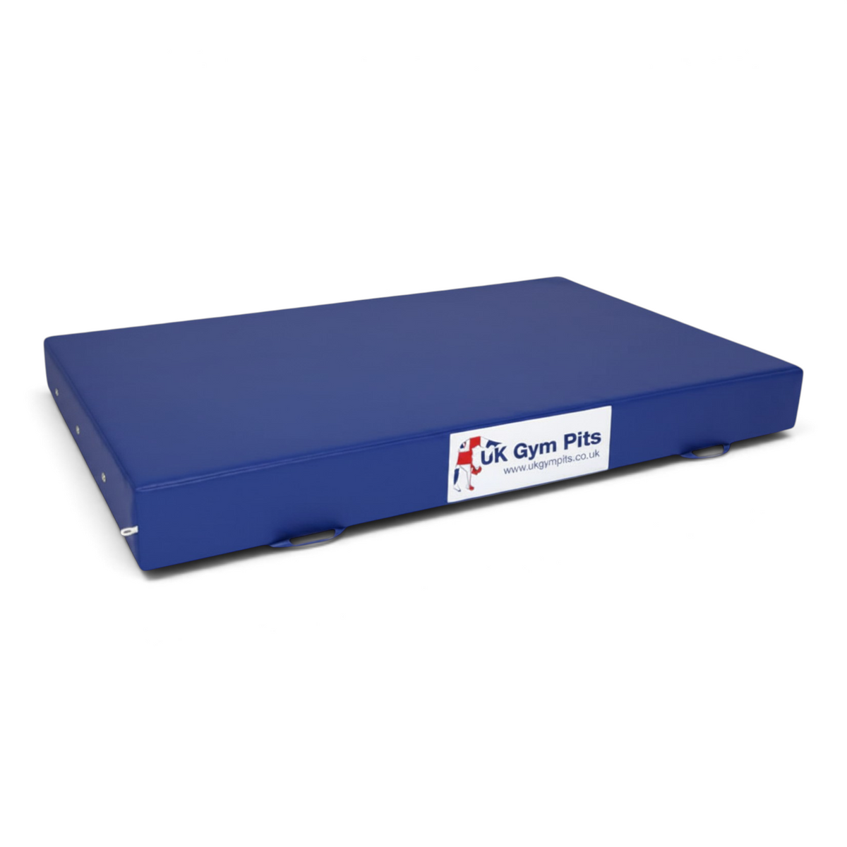 UK Gym Pits blue crash mat with heavy-duty handles and reinforced PVC cover for gymnastics and martial arts.