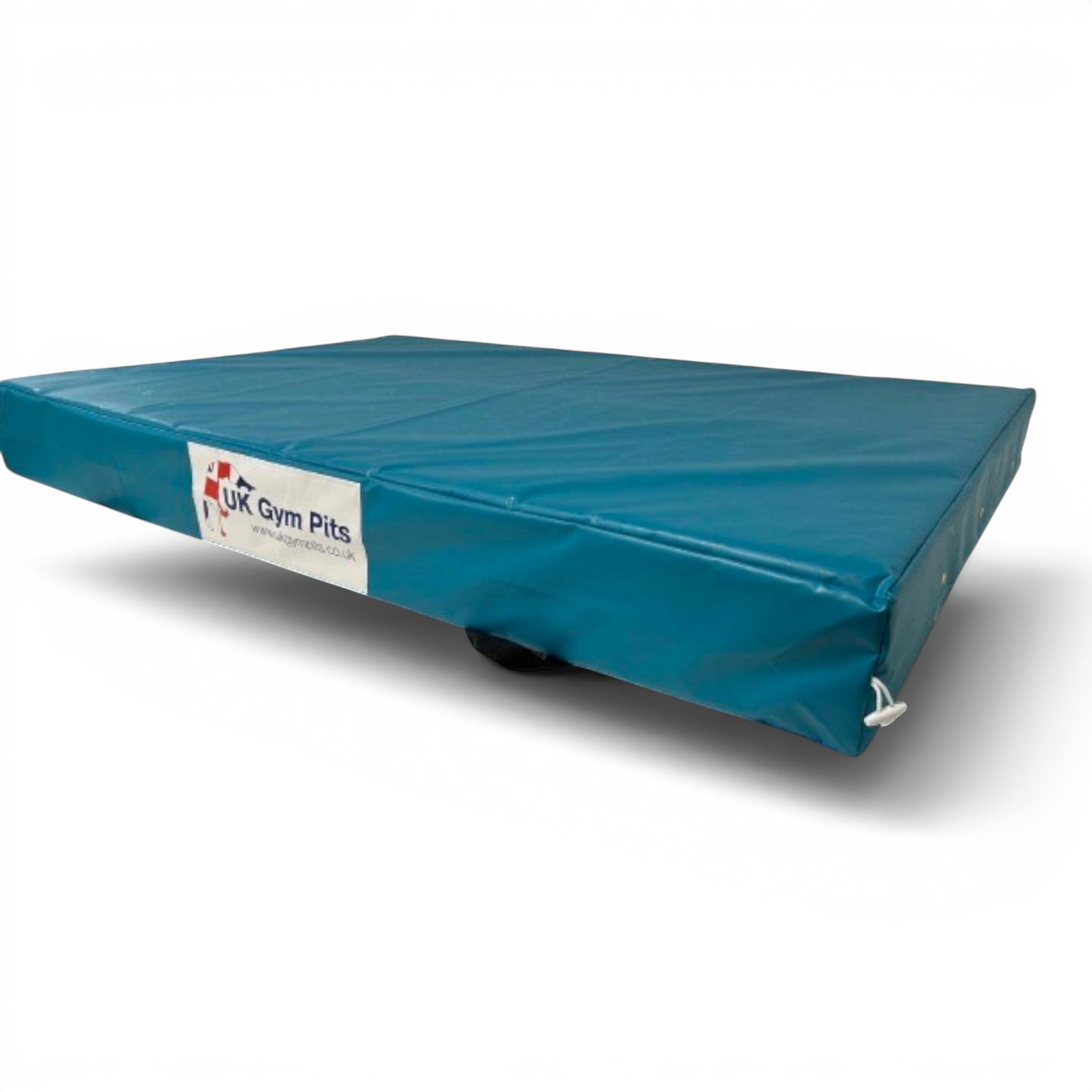 UK Gym Pits royal blue shock-absorbing crash mat with heavy-duty handles and reinforced PVC cover for gymnastics.