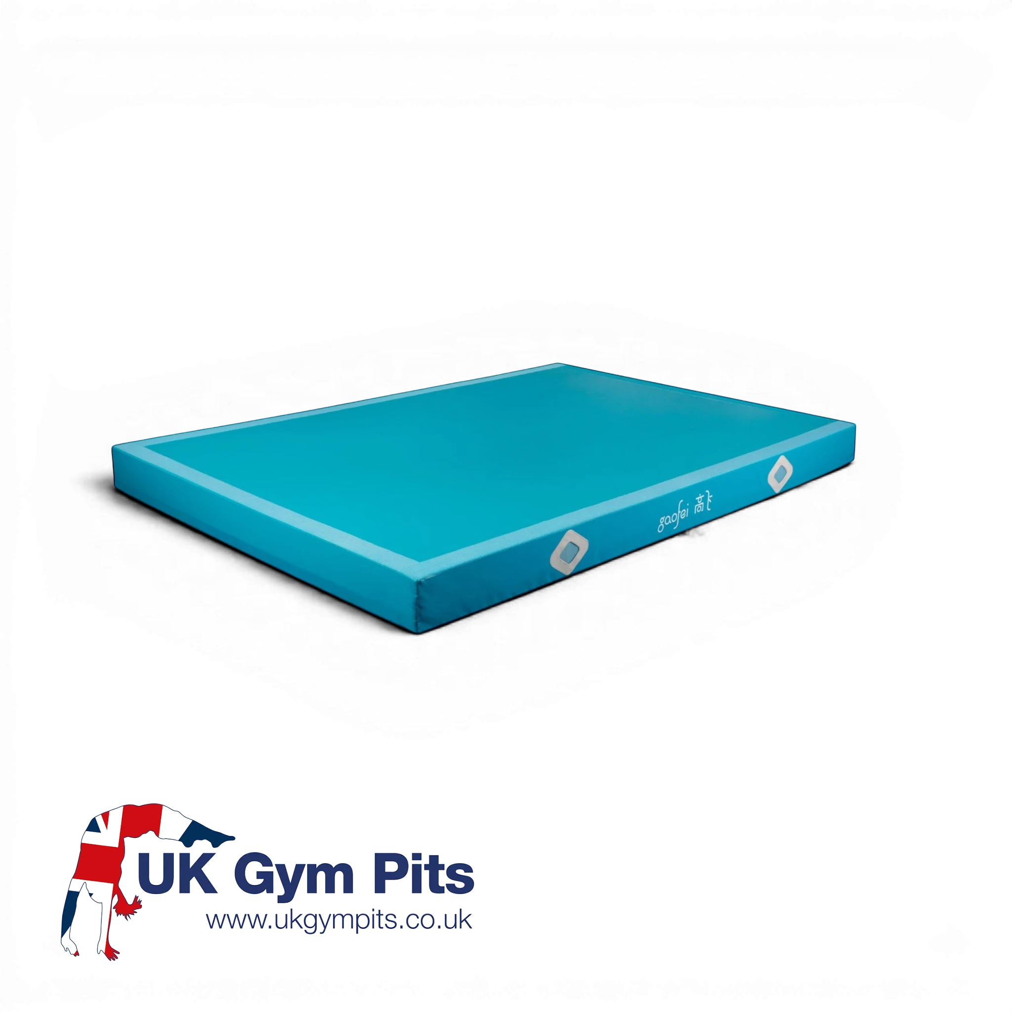UK Gym Pits FIG approved blue gymnastics landing mat with air distribution mesh windows and reinforced corners.