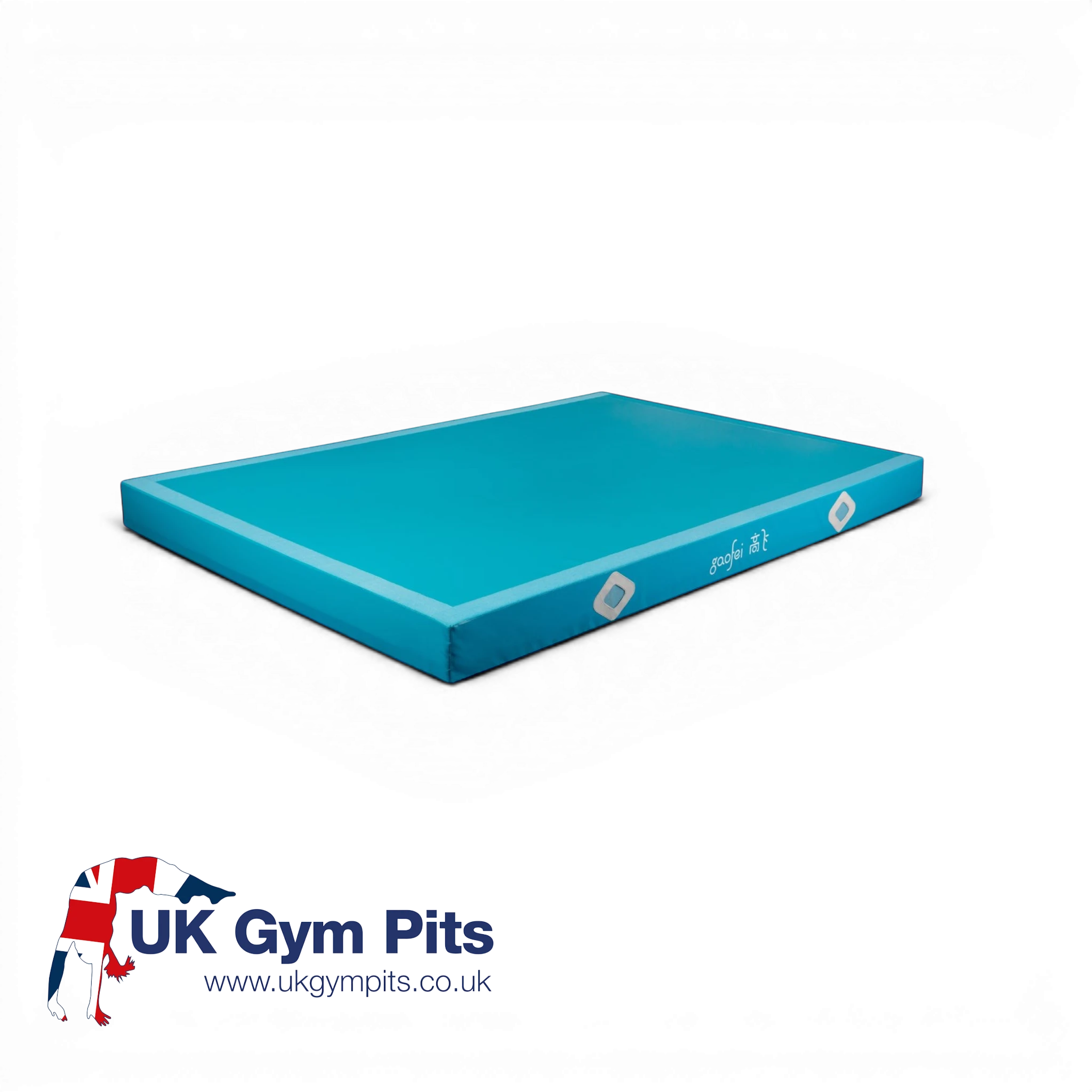 UK Gym Pits FIG approved blue gymnastics landing mat with air mesh windows for professional training and competition.