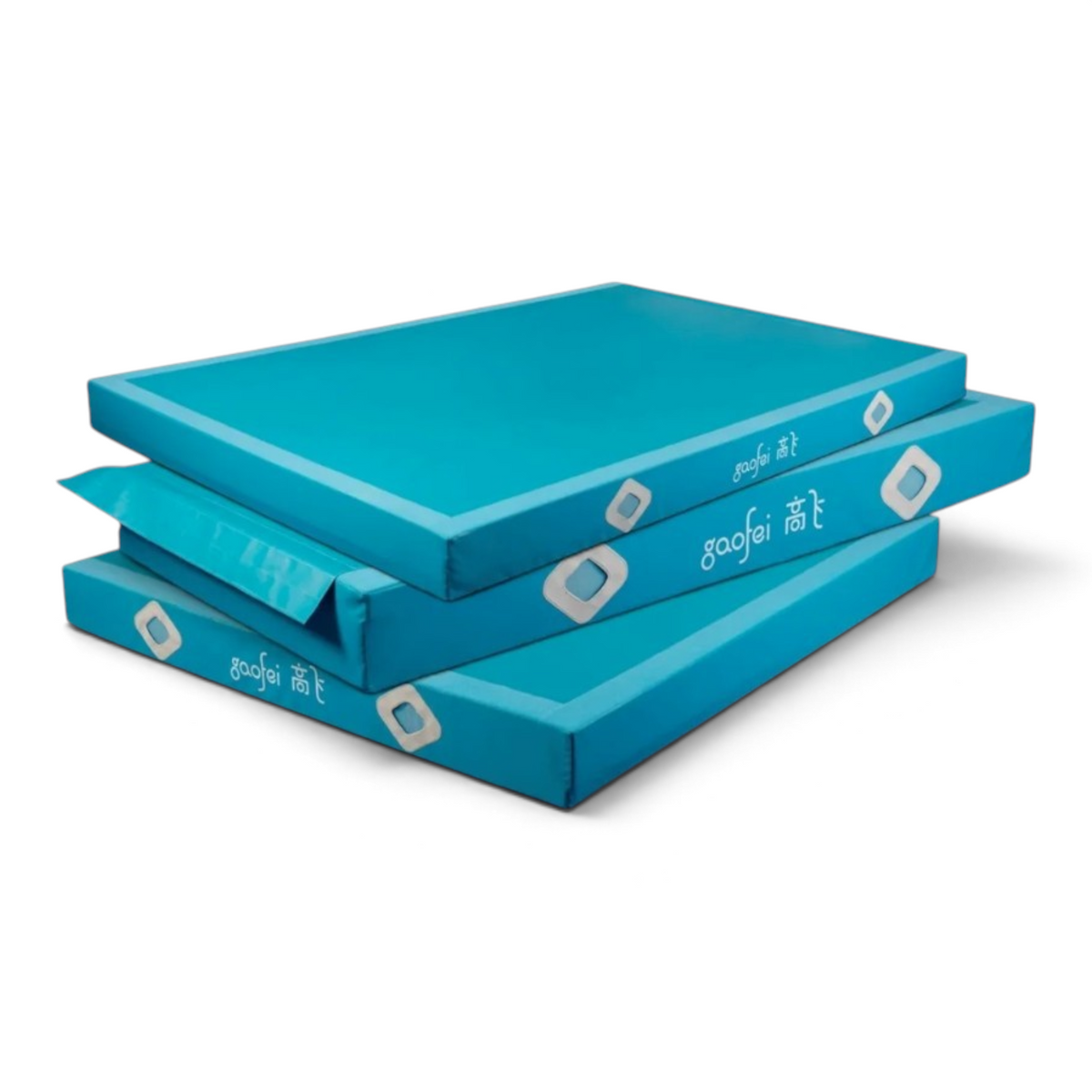 UK Gym Pits blue Gaofei gymnastics landing mats stacked, featuring durable PVC vinyl and secure Velcro locking flaps.