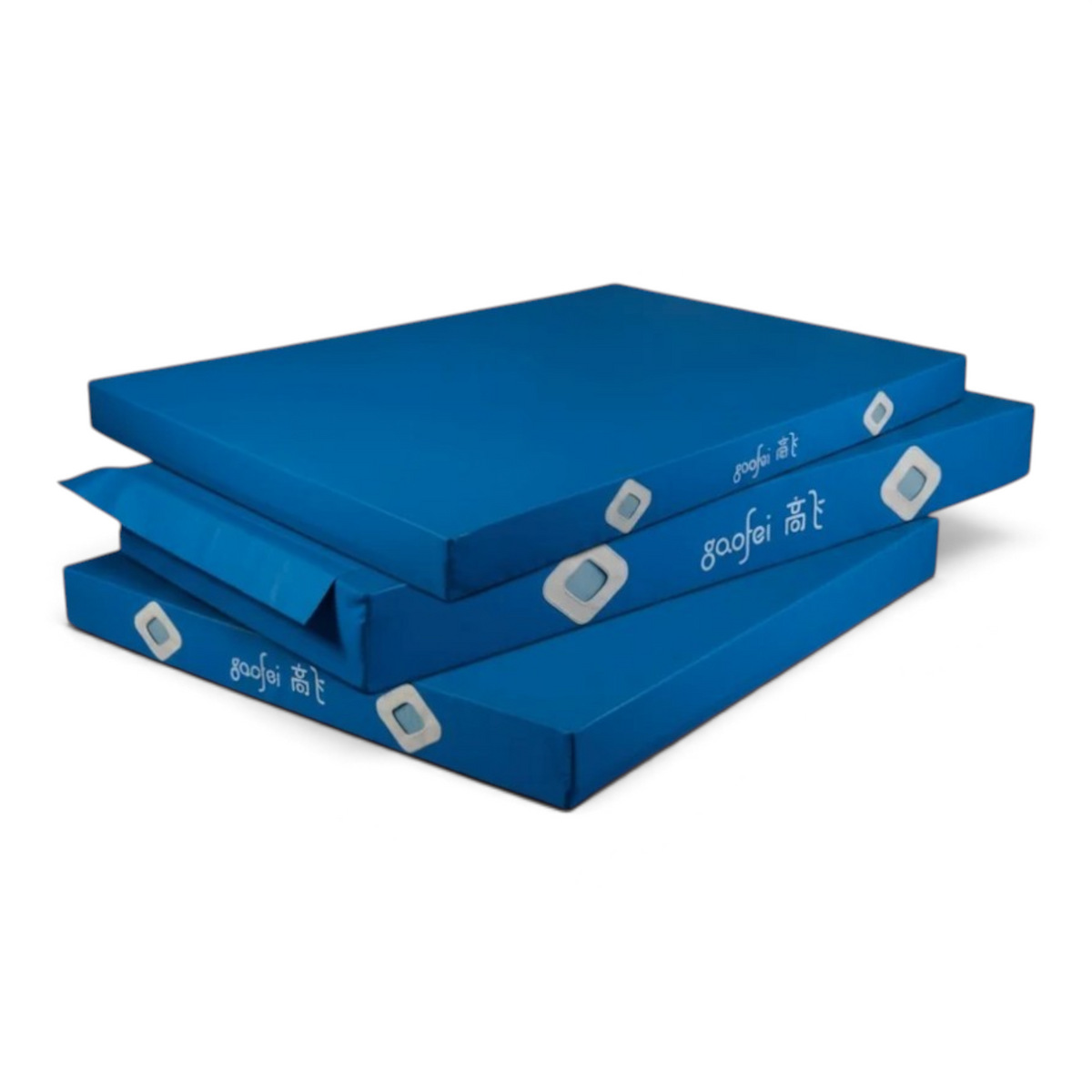 UK Gym Pits blue Gaofei gymnastics landing mats stacked, featuring durable PVC vinyl and air distribution mesh windows.
