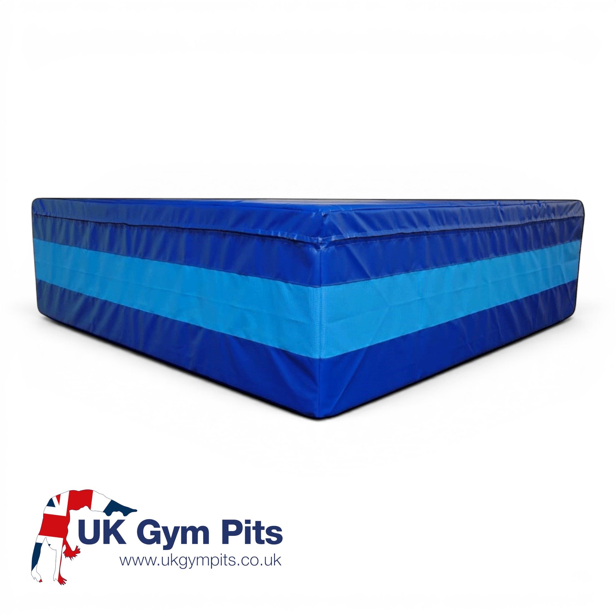 UK Gym Pits blue and light blue shock-absorbing gymnastics landing pit with reinforced PVC fabric and anti-slip base.