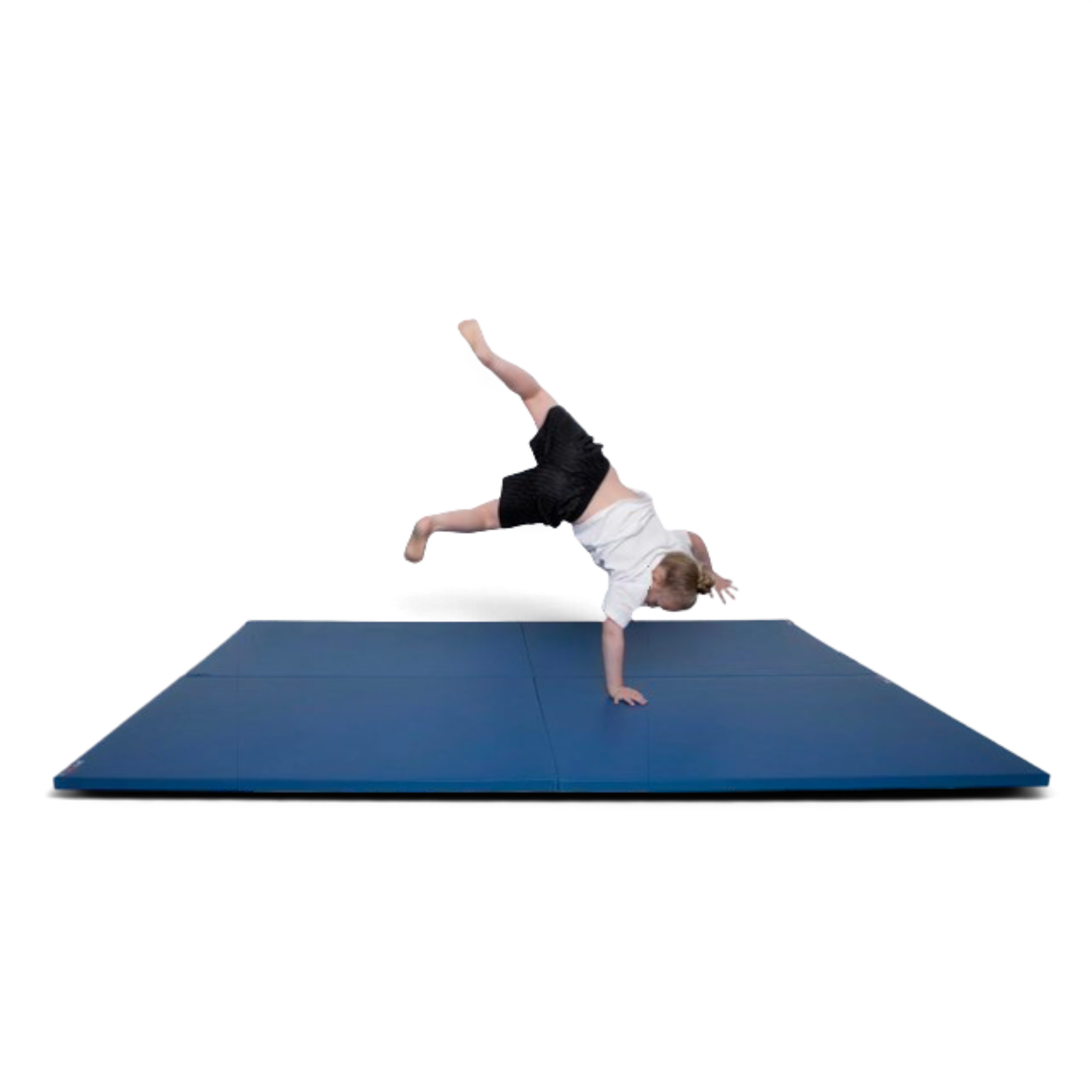 UK Gym Pits medium-weight blue gymnastics mat with anti-slip base, featuring a child performing a cartwheel.