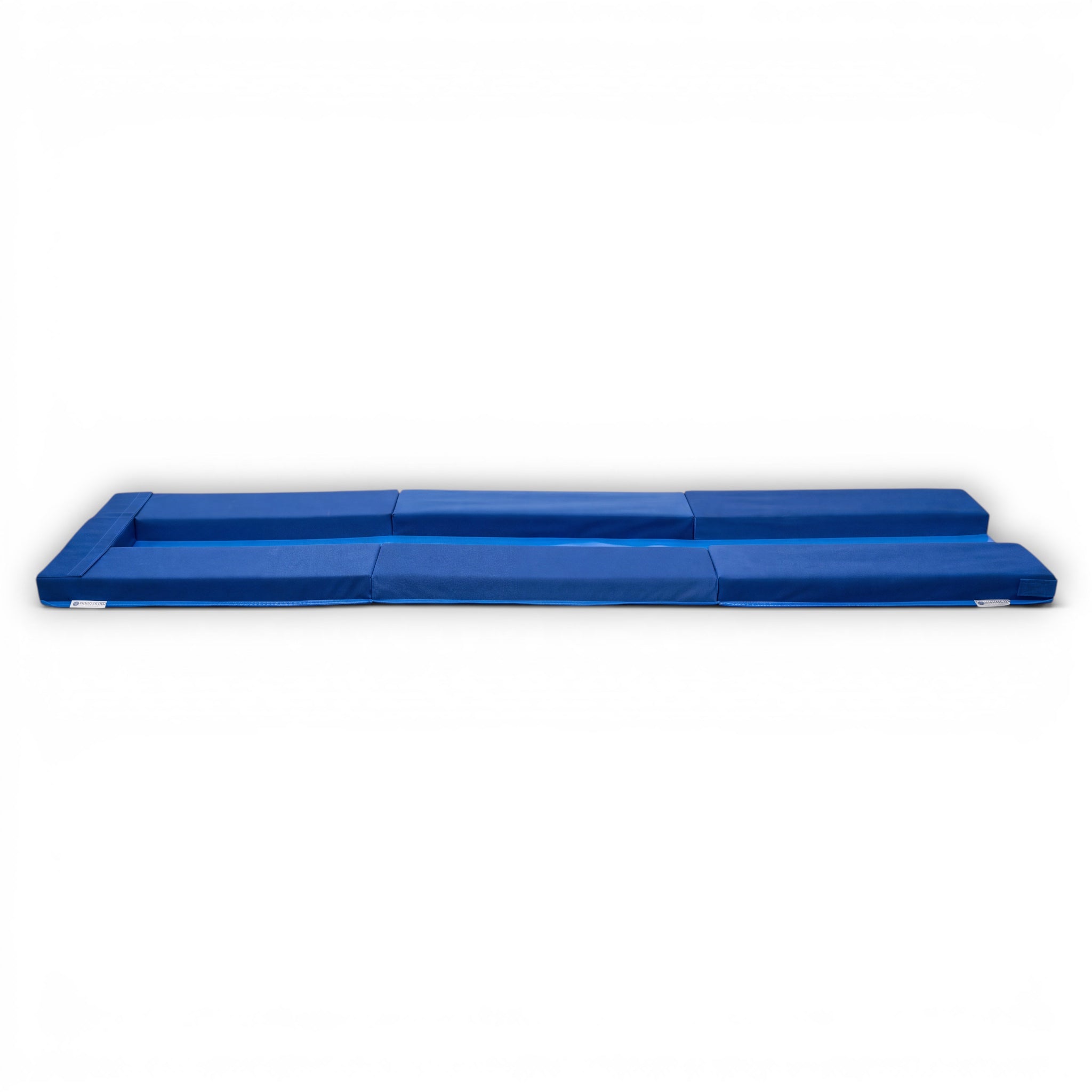 UK Gym Pits blue foam balance beam skill expander with numbered lines for gymnastics training on a white background