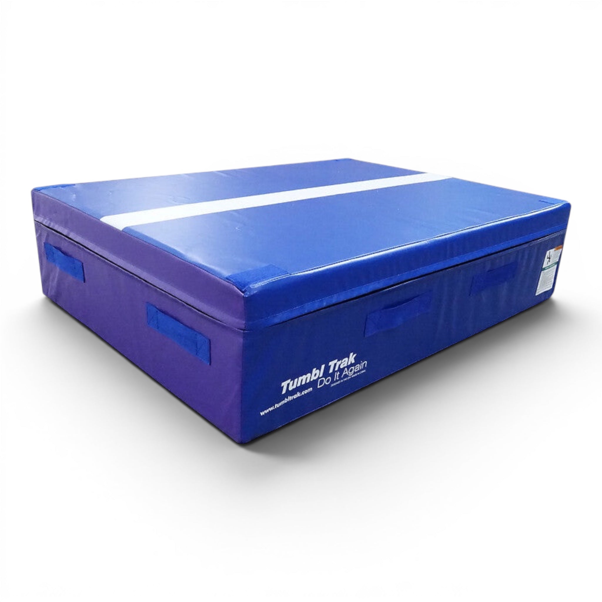 UK Gym Pits blue gymnastics spotting block with white line for beam training and side handles for easy transport