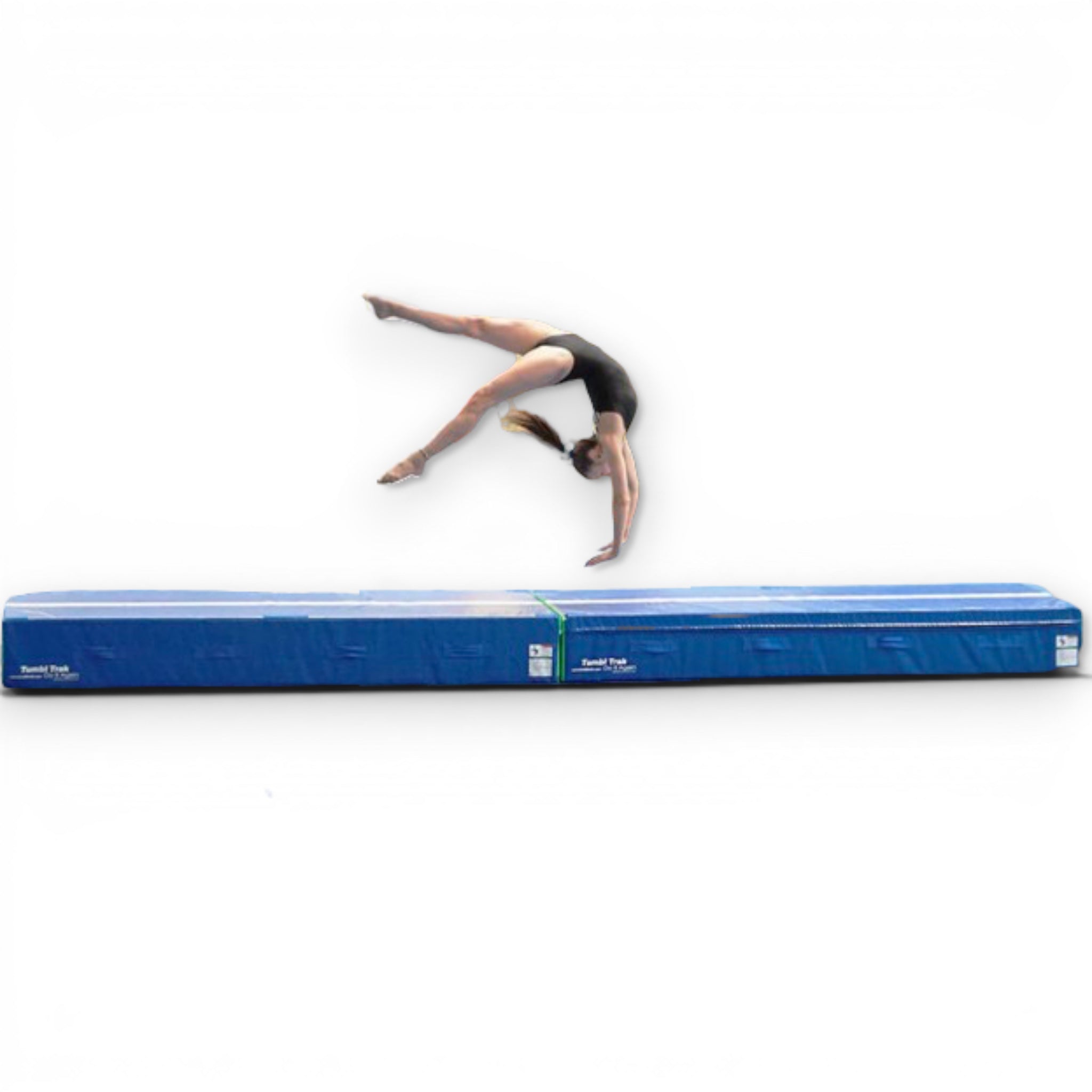UK Gym Pits blue foam spotting block with a white line, used by a gymnast performing a back handspring