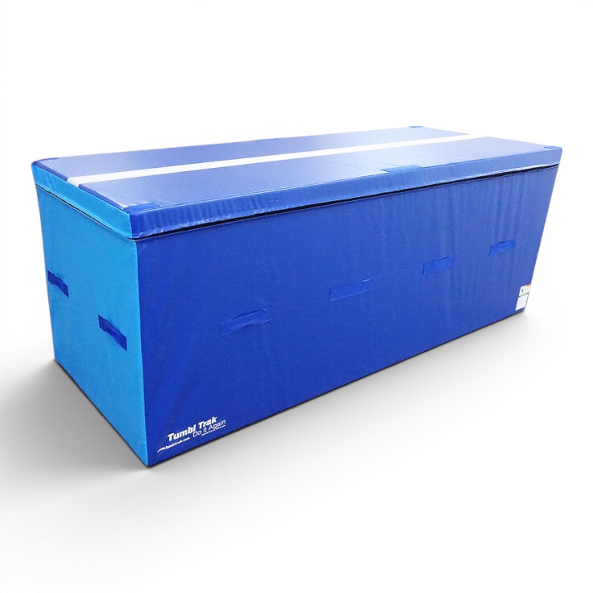 UK Gym Pits blue foam spotting block for gymnastics training with a white balance beam line on top