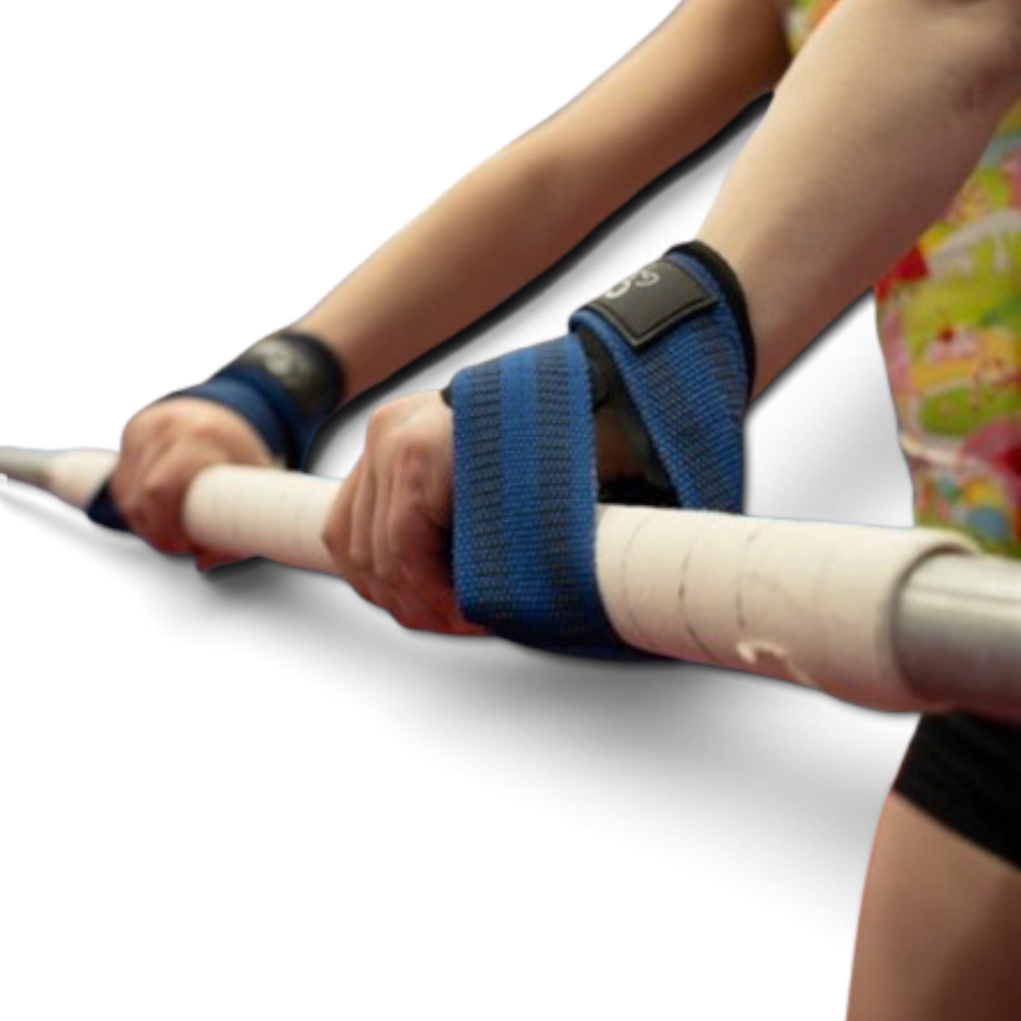 UK Gym Pits blue neoprene swing straps on a gymnastics bar for secure training and wrist support
