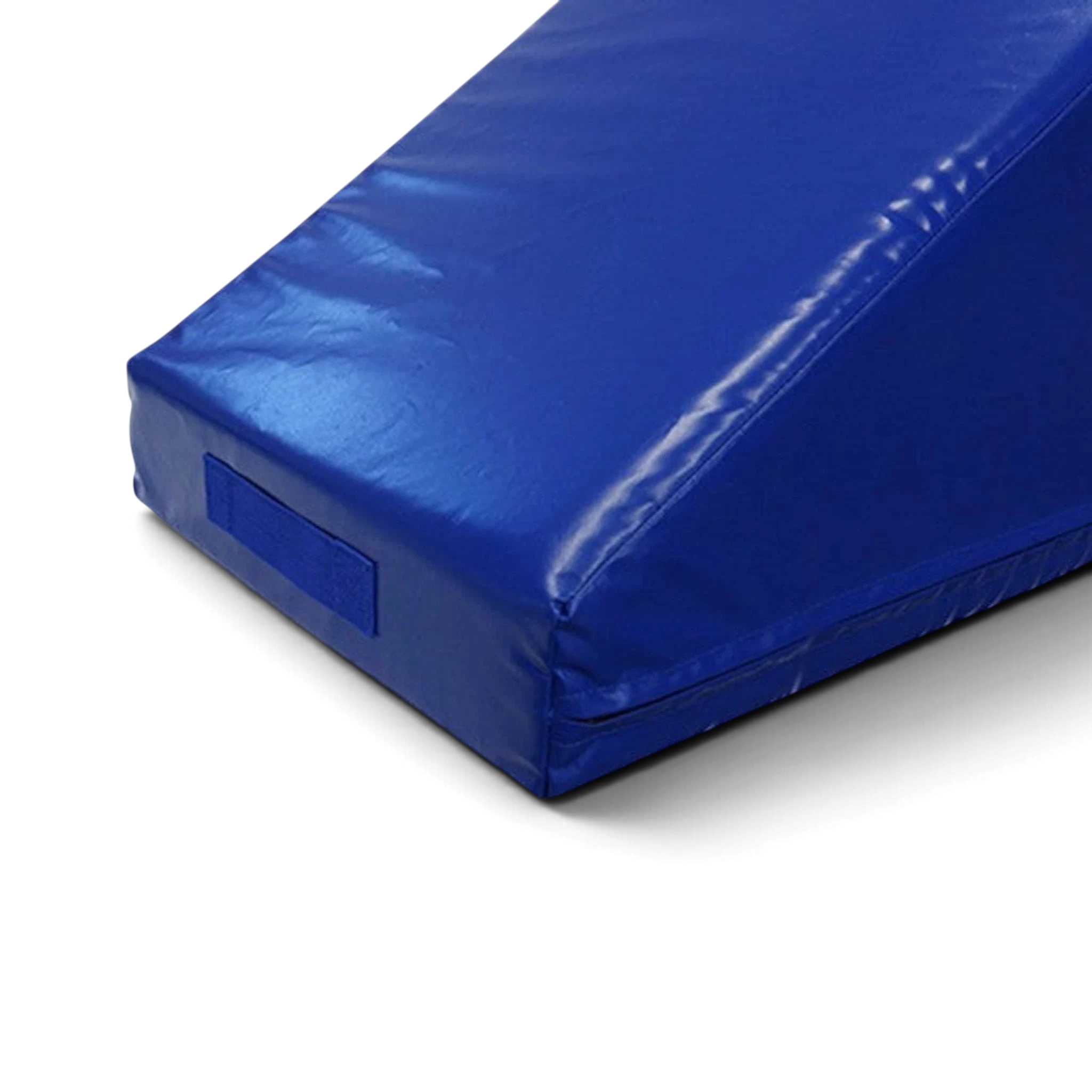 UK Gym Pits blue vinyl inclined wedge mat for gymnastics training with a sturdy handle on a white background