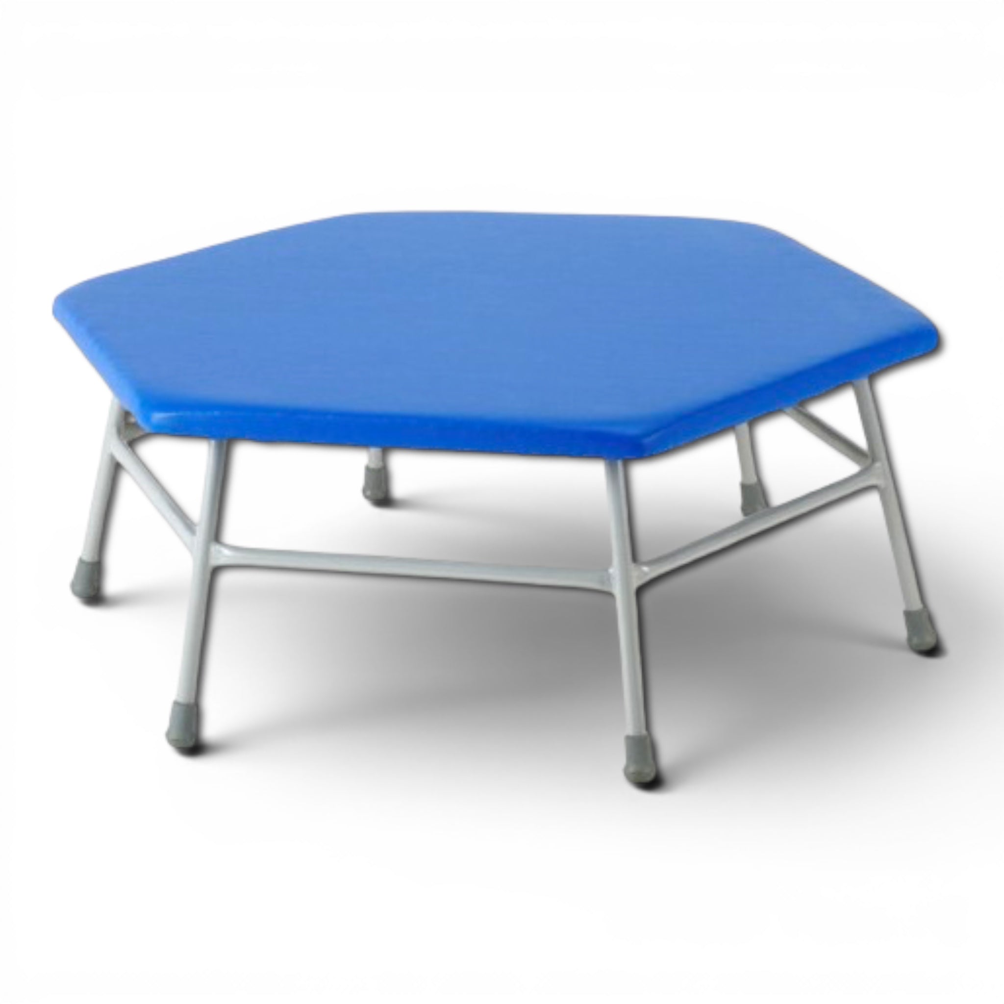 UK Gym Pits blue hexagonal movement table with padded PVC top and grey powder coated steel frame for agility training.