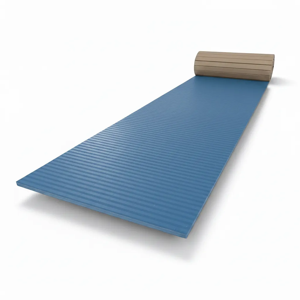 UK Gym Pits blue Hybrid Connect mat roll with a durable tatami-textured PVC surface for gymnastics and martial arts.