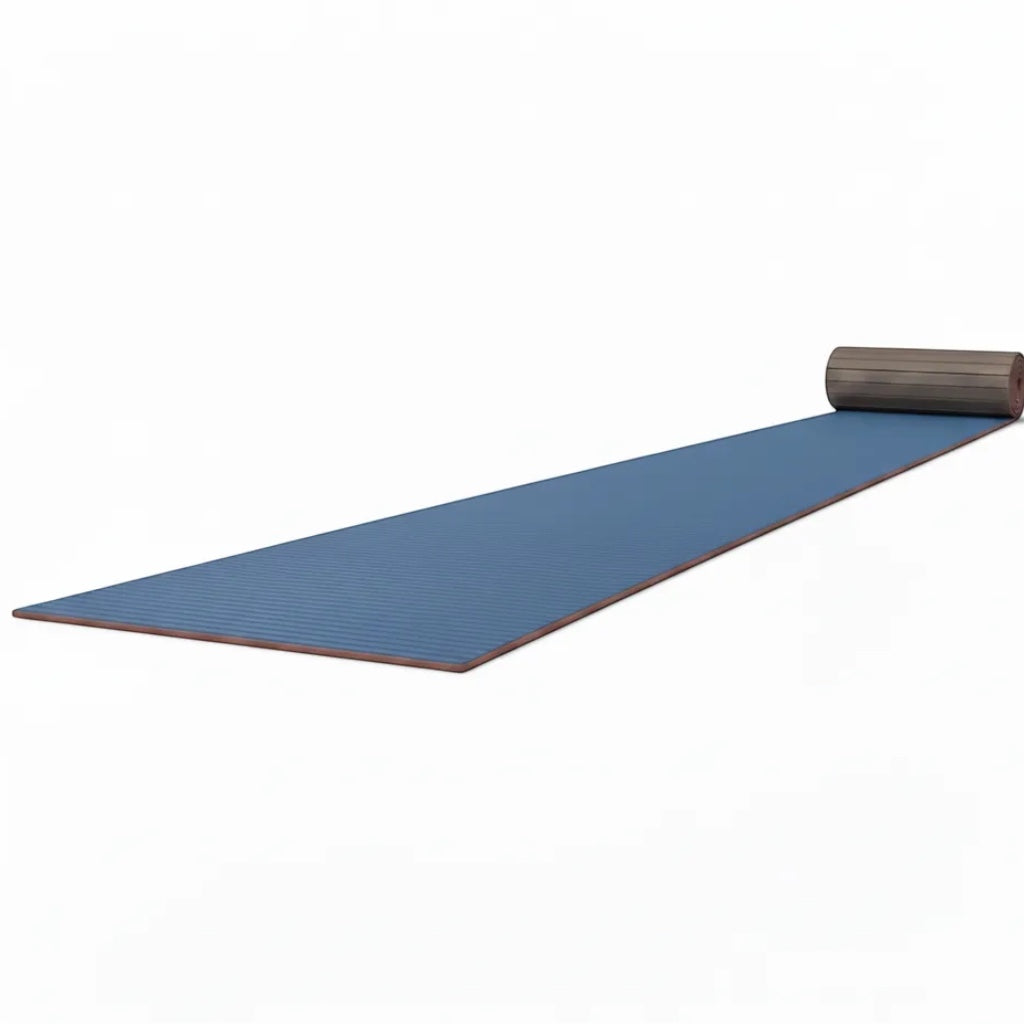 UK Gym Pits blue hybrid gymnastics mat roll with a durable tatami-textured PVC surface and shock-absorbing XPE foam.