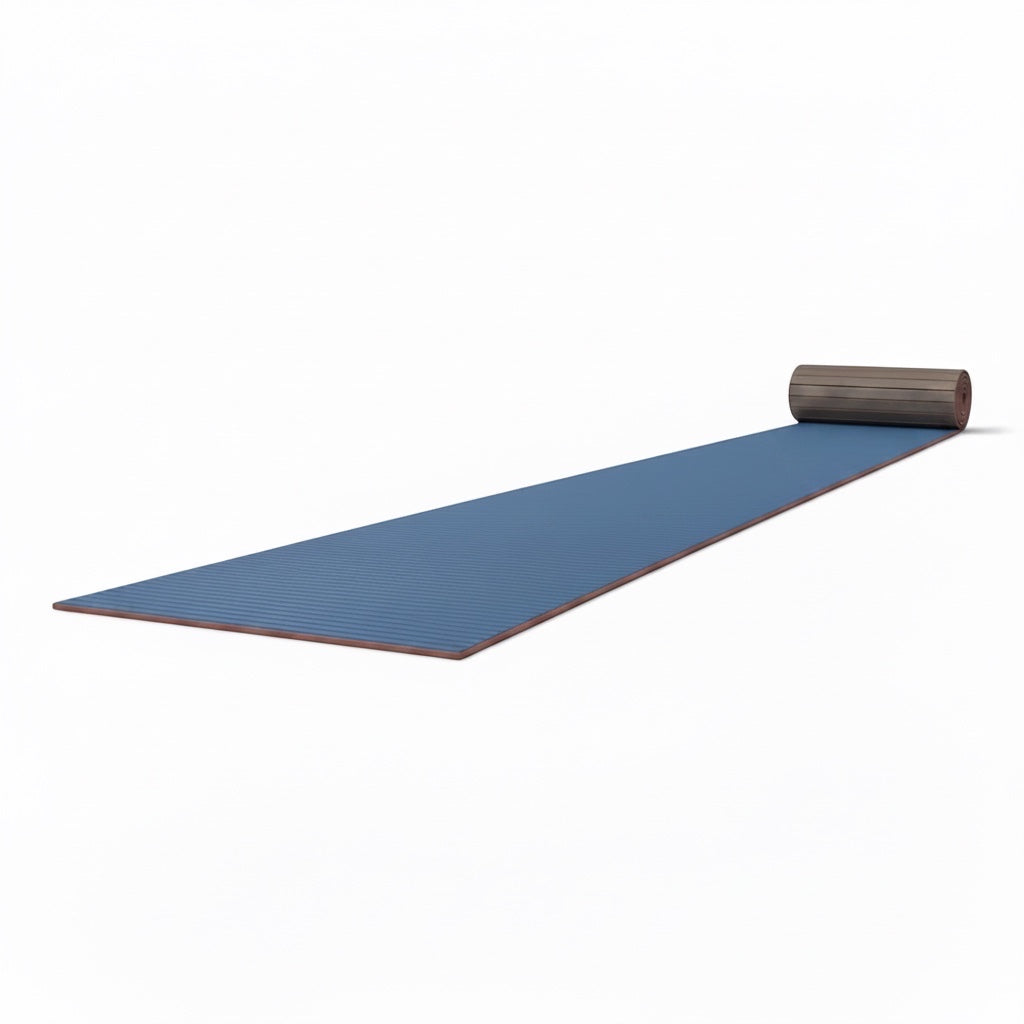 UK Gym Pits blue hybrid gymnastics mat roll with a durable tatami-textured PVC surface and shock-absorbing foam base.