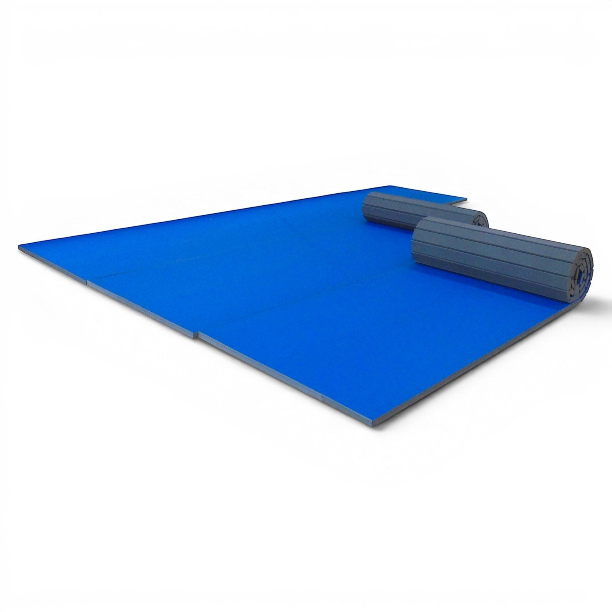 UK Gym Pits blue hybrid mat roll with a durable tatami-style PVC surface and shock-absorbing XPE foam for gym flooring.