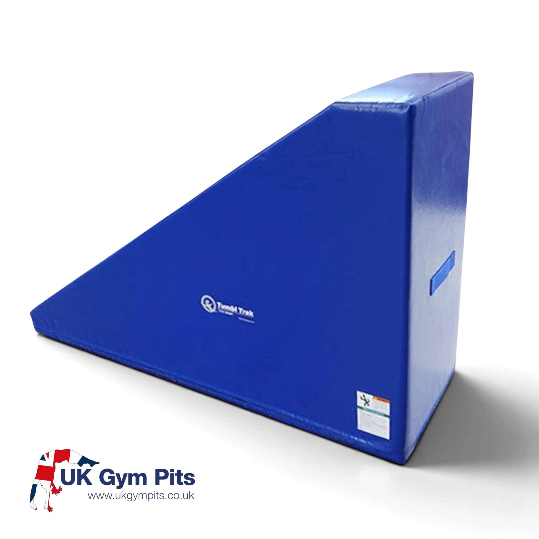 UK Gym Pits blue inclined wedge gymnastics mat made of dense foam and durable vinyl with sturdy carrying handles.