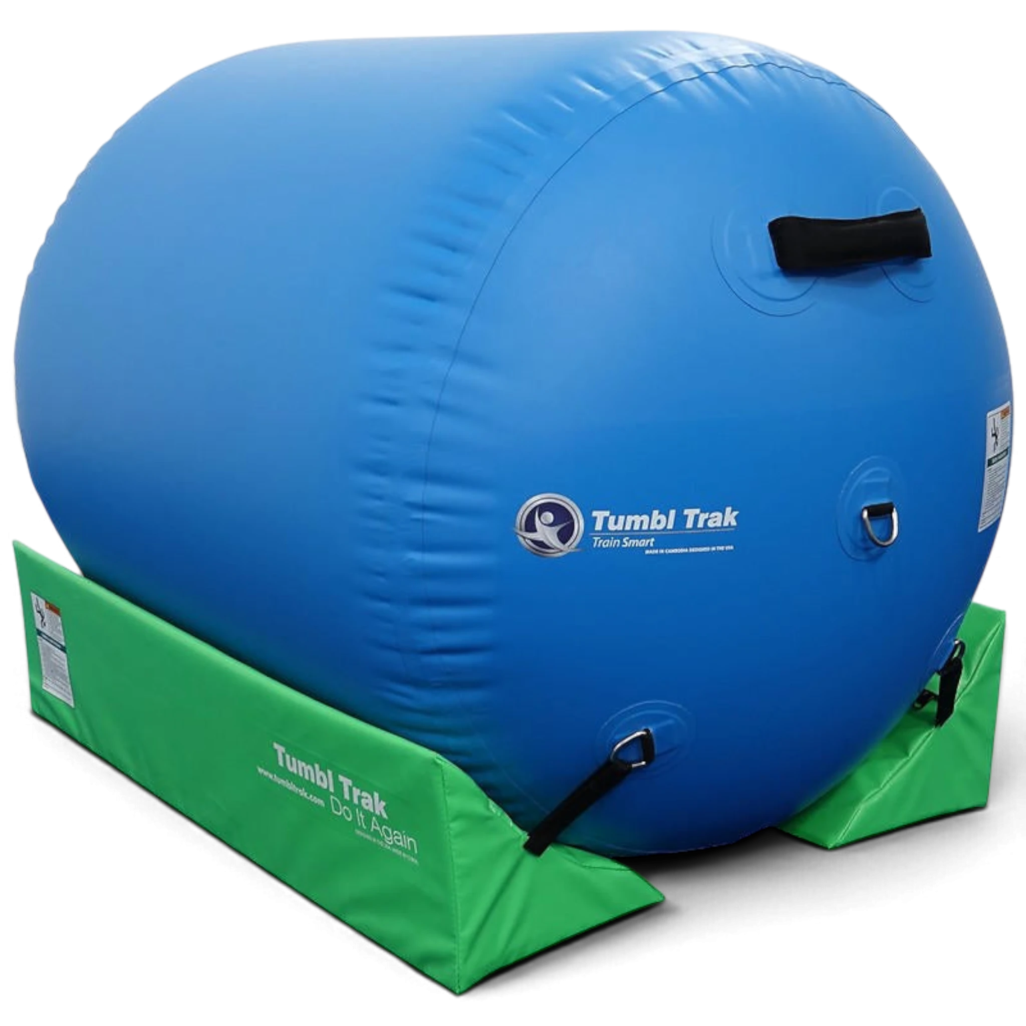 UK Gym Pits sky blue inflatable air barrel for gymnastics training, resting on a green foam stabilizing cradle.