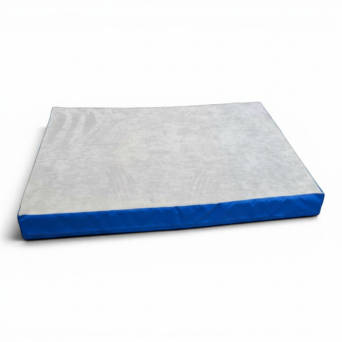 UK Gym Pits soft landing splat mat with a grey jersey fabric top and blue PVC sides for gymnastics and sports.