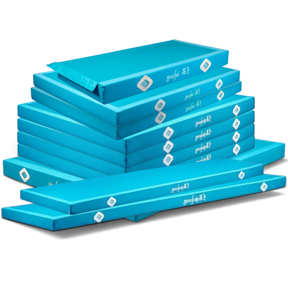 UK Gym Pits blue FIG approved parallel bars landing mats stacked in a set of ten with durable PVC vinyl covers.