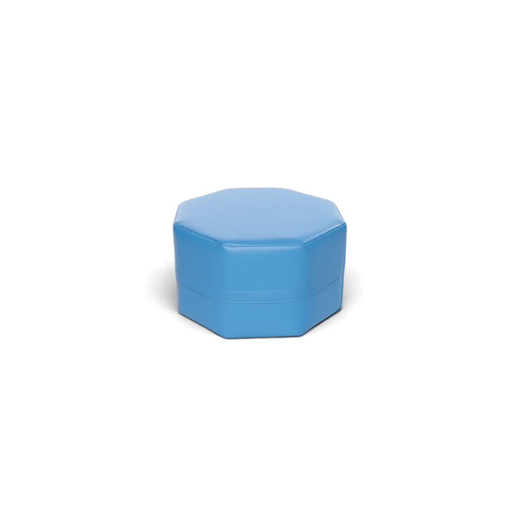 UK Gym Pits blue octagonal soft play seating unit made from durable, easy-to-clean PVC for children.