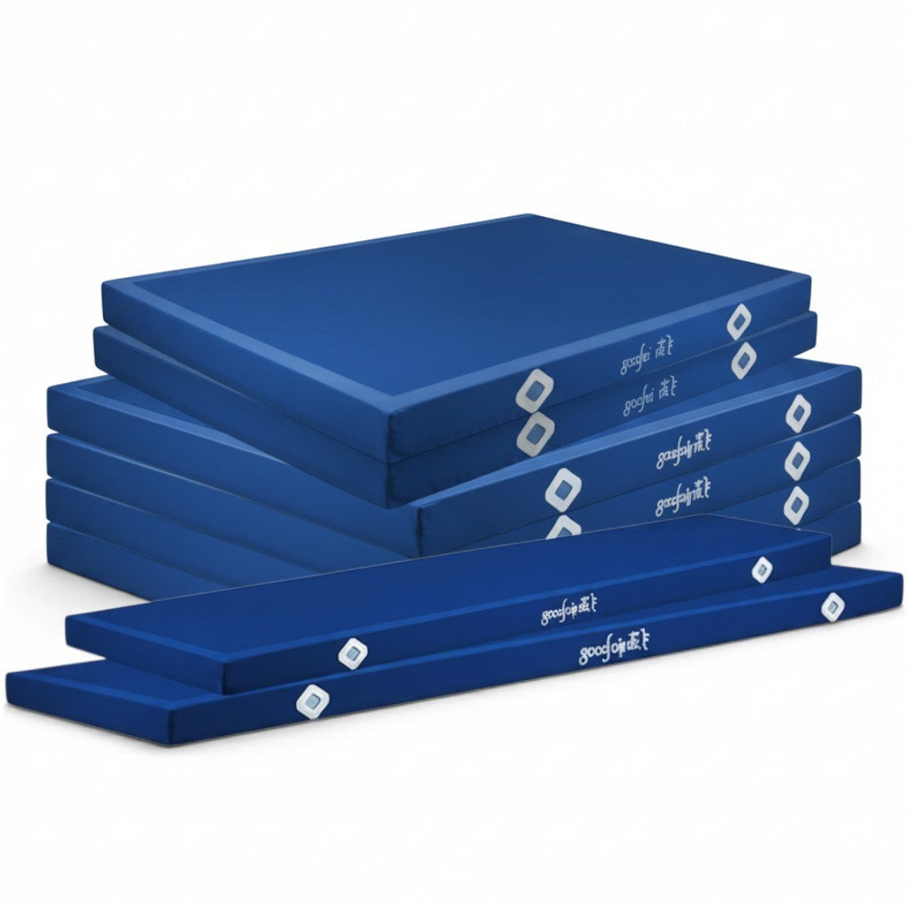 UK Gym Pits blue Gaofei parallel bars landing mats stacked for training and competition use