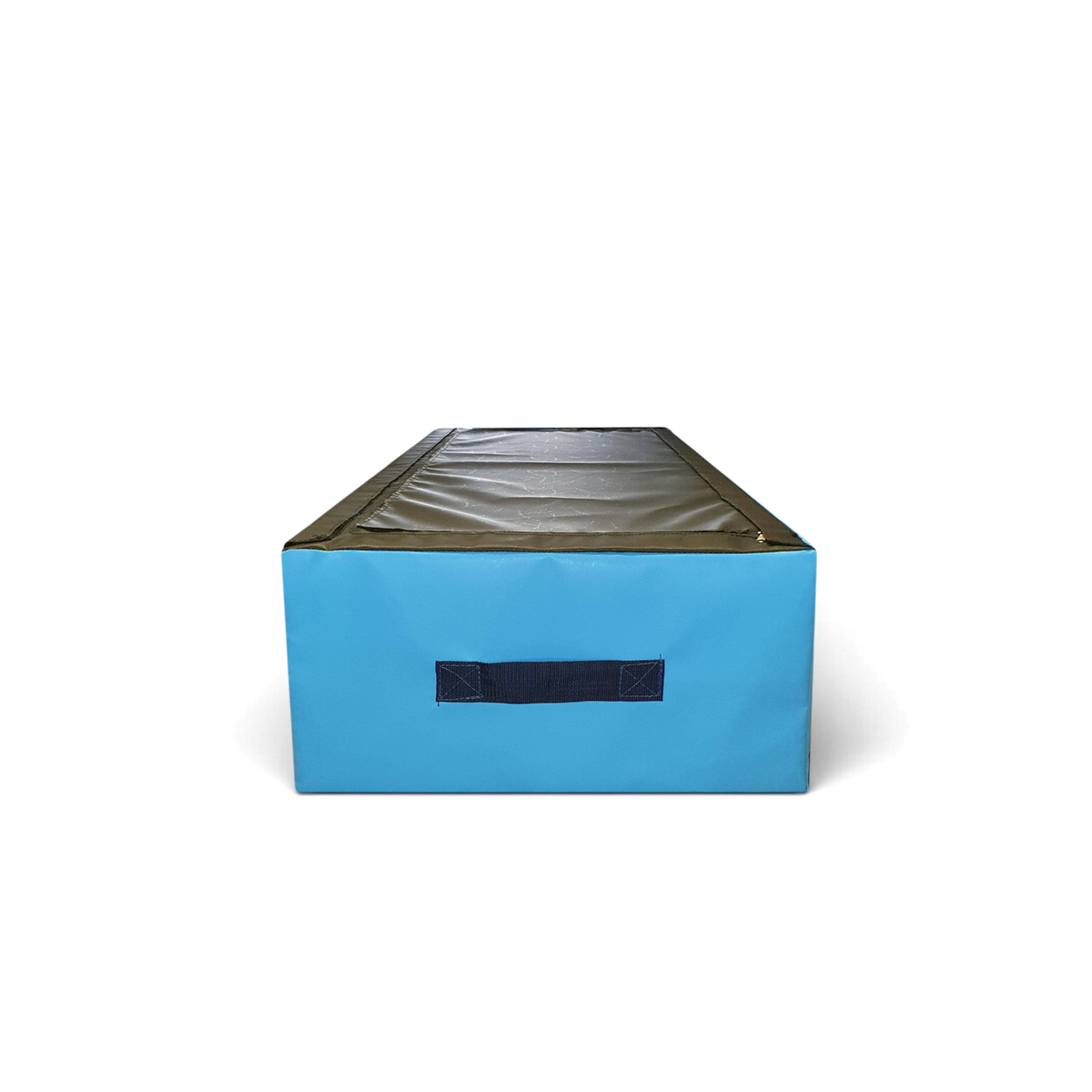 UK Gym Pits parkour jumping block in blue and black with a carry handle, made from durable flame-retardant PVC.