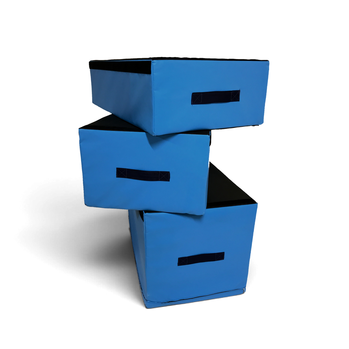 UK Gym Pits parkour jumping blocks in blue and black PVC with carry handles stacked for training