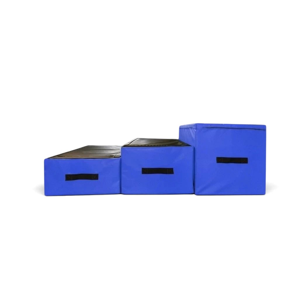 UK Gym Pits set of three blue and black parkour jumping blocks with carry handles for gymnastics and free running