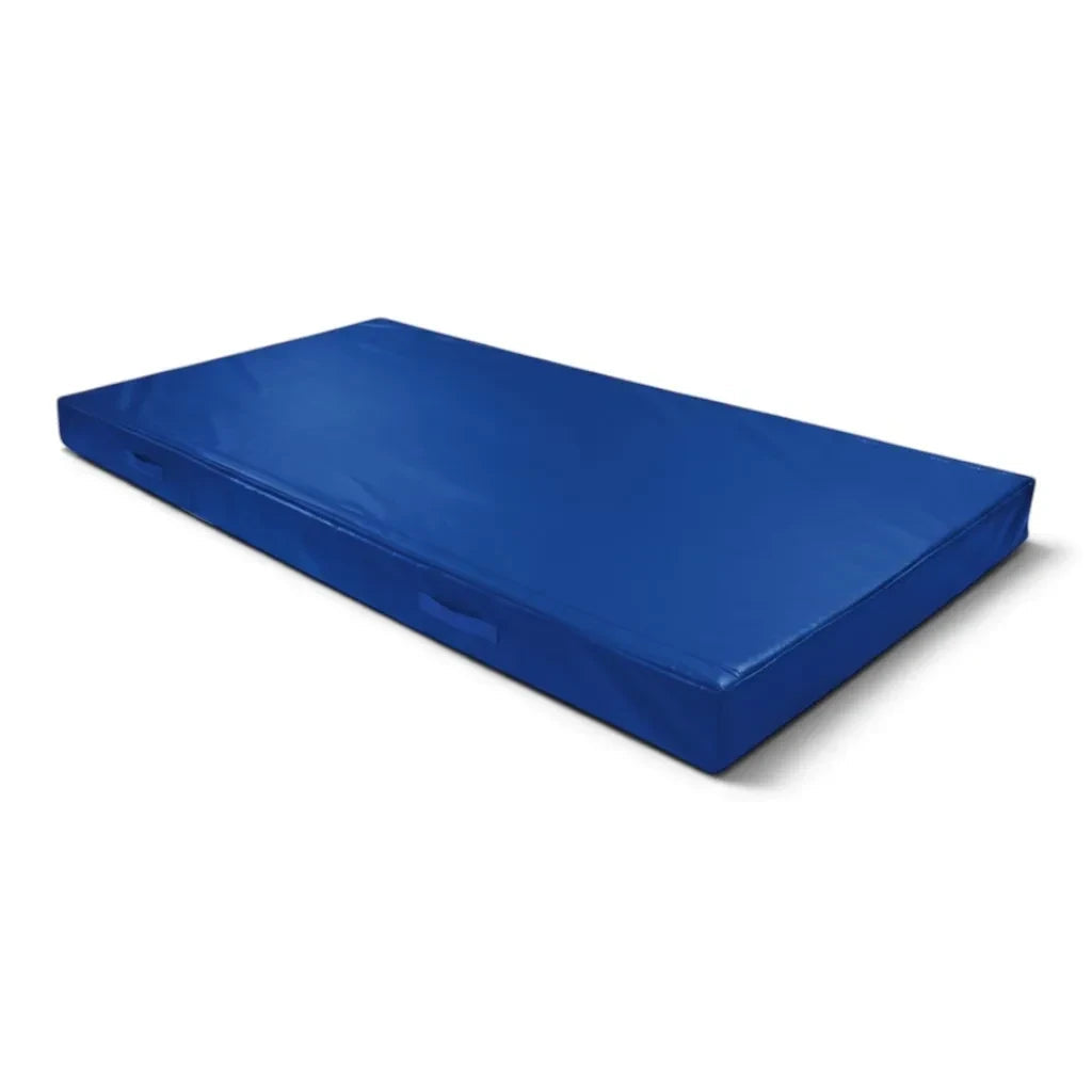 UK Gym Pits blue FIG spec push-on safety mat with PVC cover and side handles for trampoline landing protection