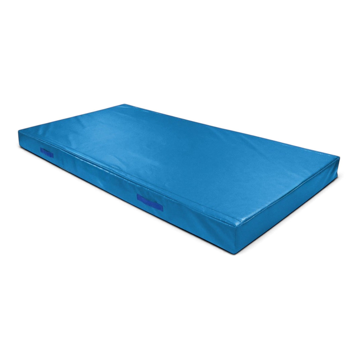 UK Gym Pits blue PVC push-on safety mat for trampolines with side carry handles and flame retardant foam core