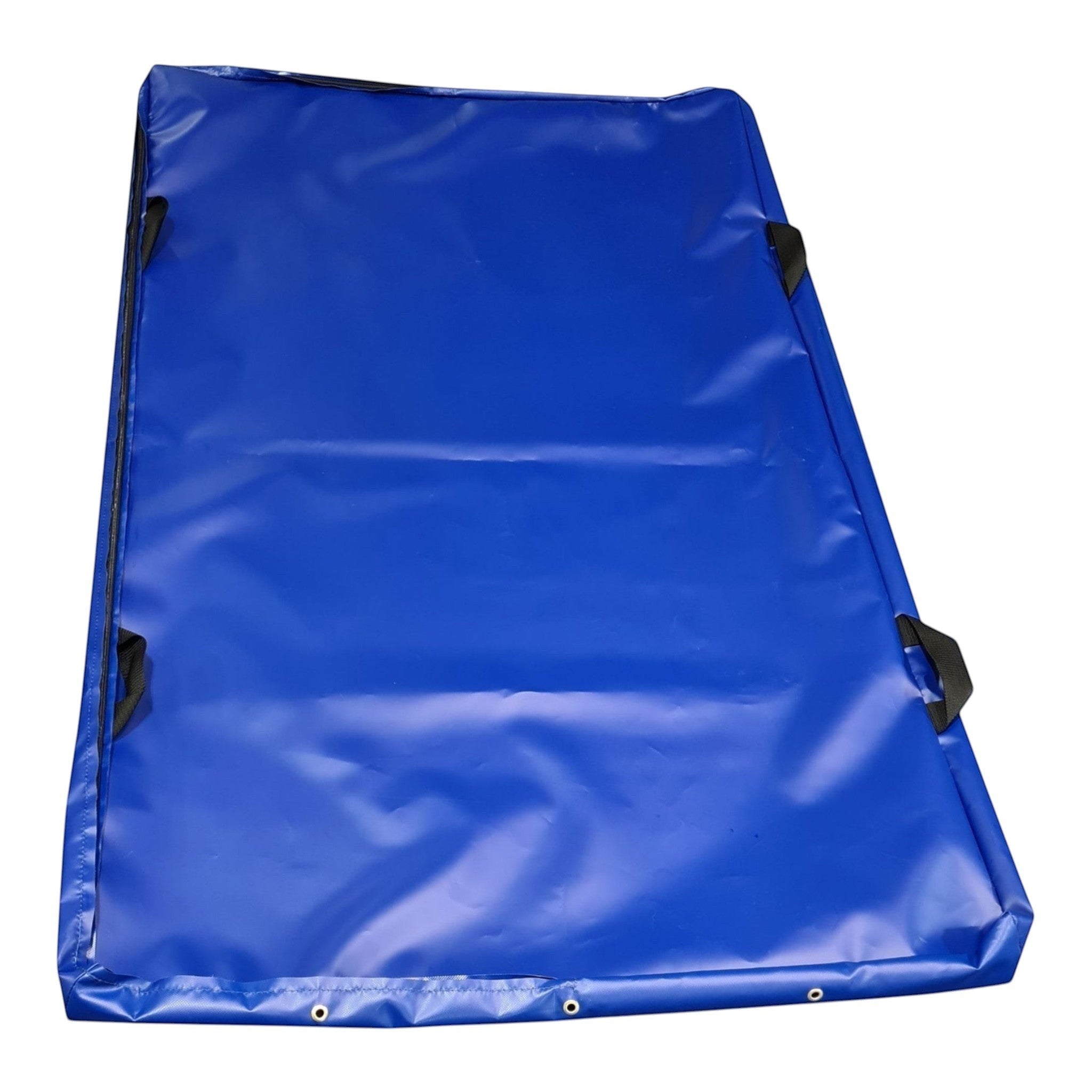 UK Gym Pits royal blue heavy-duty PVC crash mat cover with reinforced handles and zipper for gymnastics safety