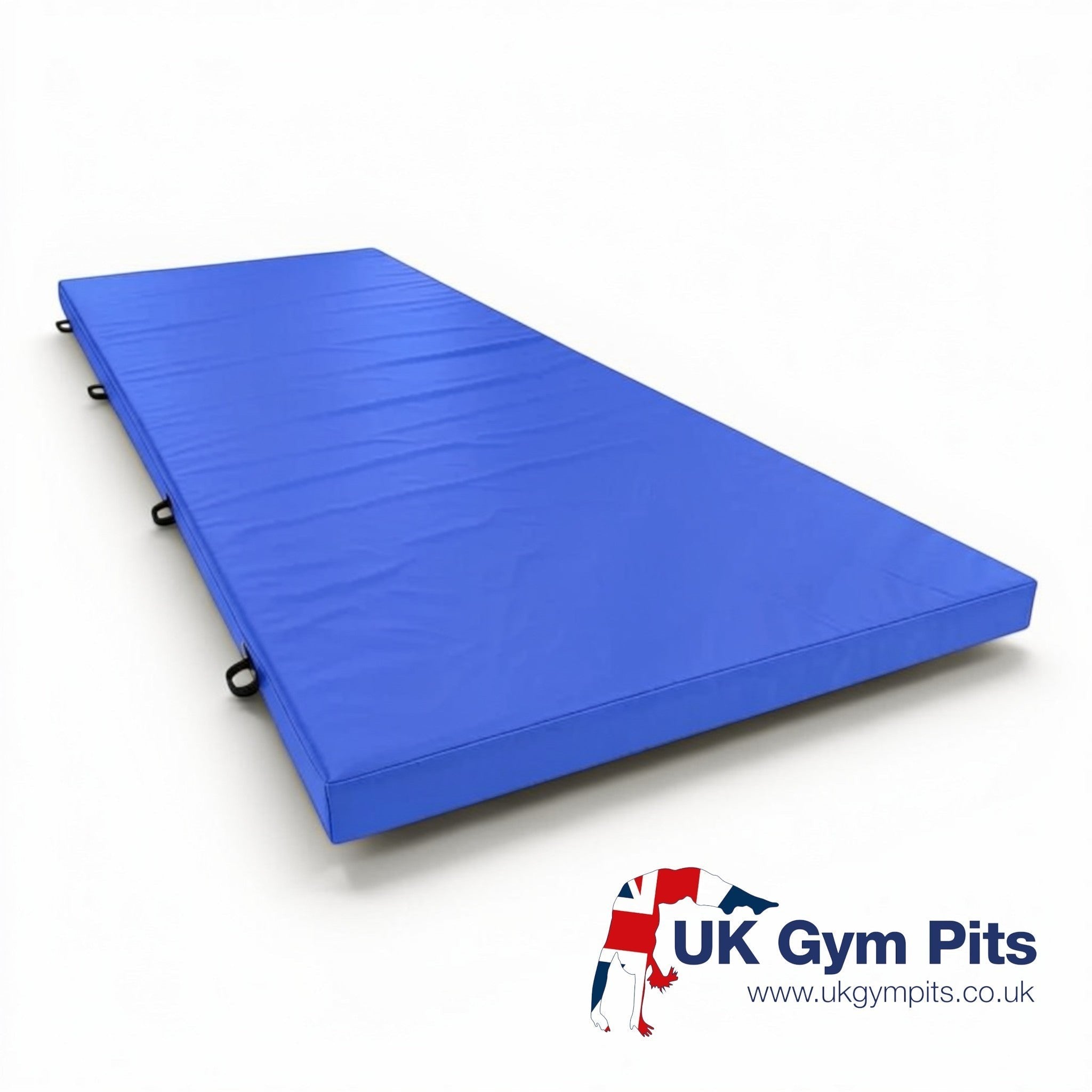 UK Gym Pits blue PVC splat mat for gymnastics and martial arts with heavy-duty transport handles and anti-slip base.