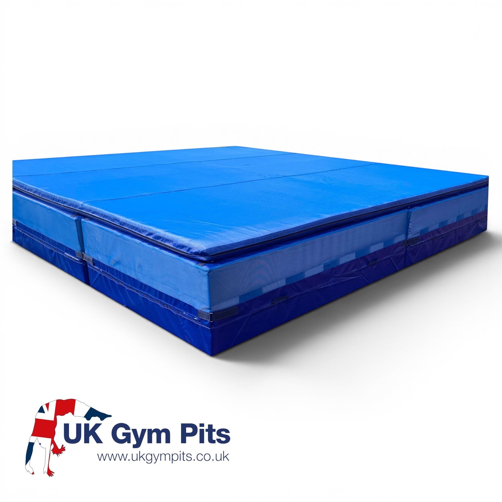 UK Gym Pits blue resi foam landing module with soft topper mat and castellated base for gymnastics and parkour safety