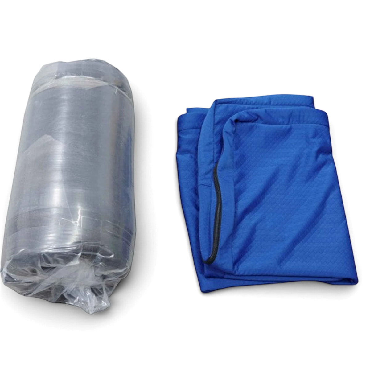 UK Gym Pits soft blue practice mat with durable quilted nylon cover, shown folded and rolled for storage.