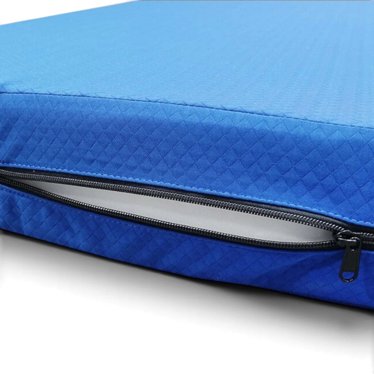 UK Gym Pits royal blue soft practice mat with quilted nylon cover and visible foam interior via zipper