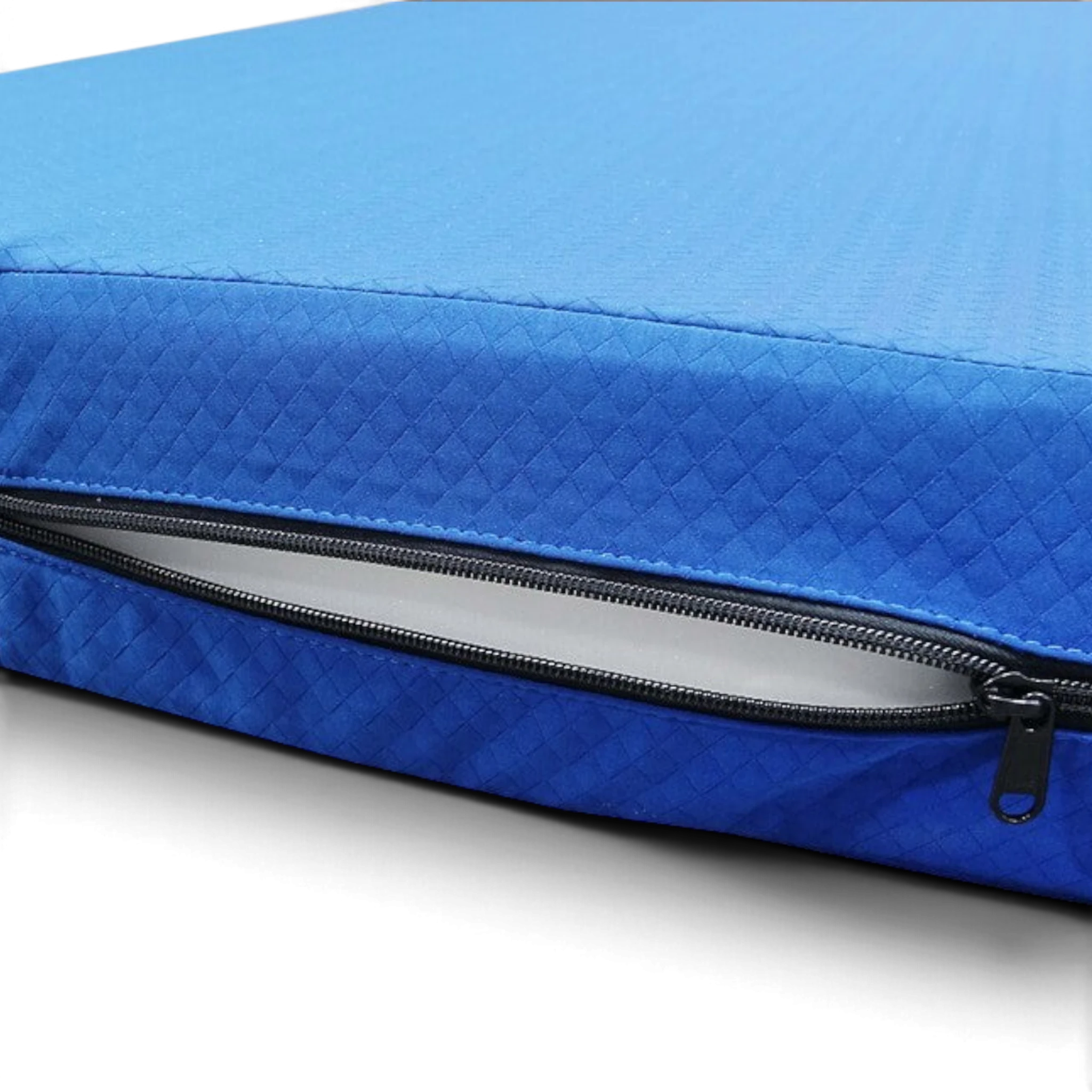 UK Gym Pits royal blue soft practice mat with quilted nylon cover and visible foam interior via zipper