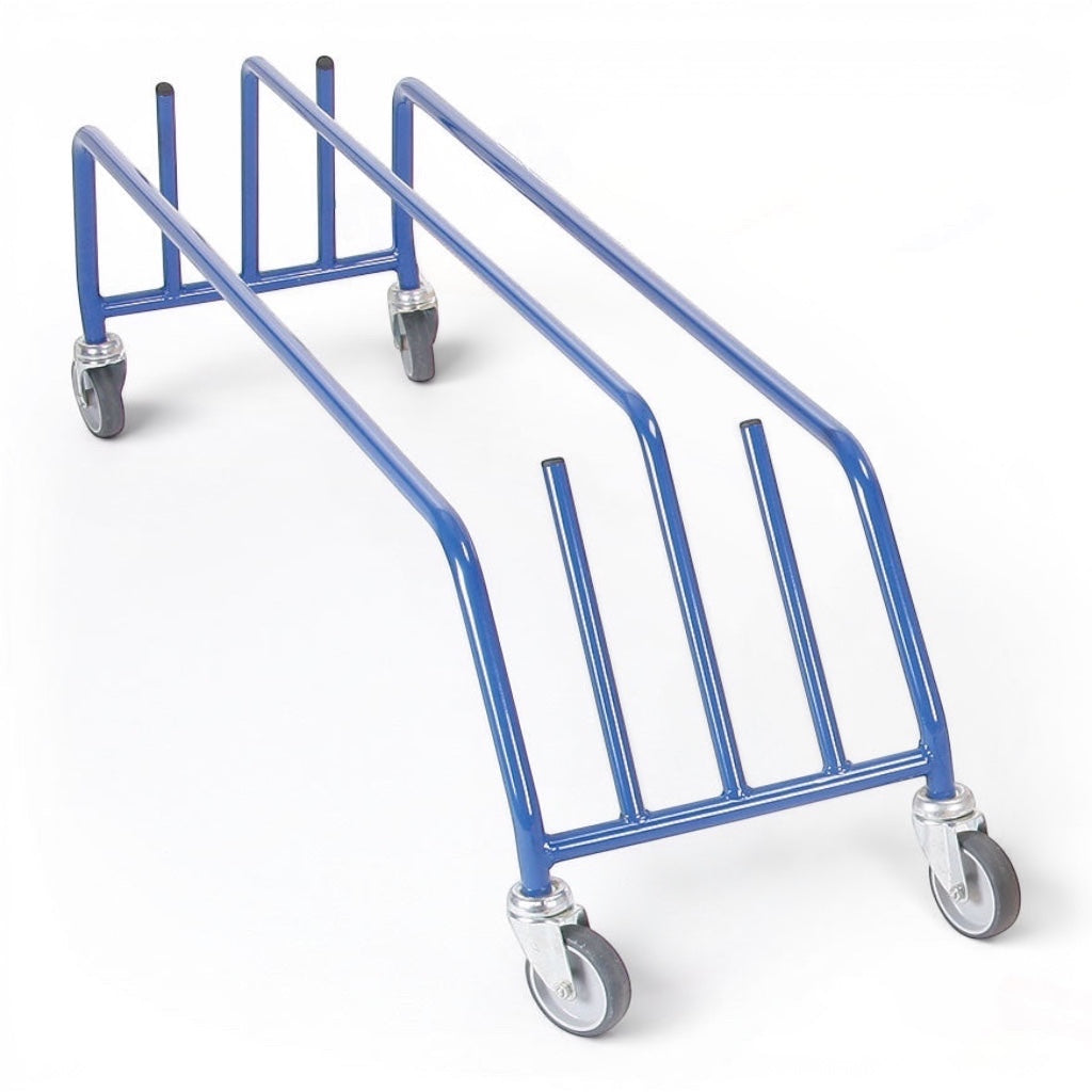 UK Gym Pits blue powder coated tubular steel trolley for transporting gym linking equipment on non-marking wheels.