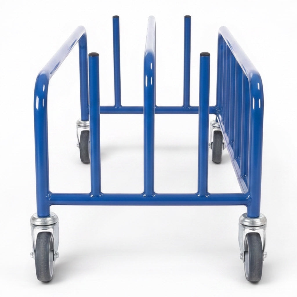 UK Gym Pits blue powder coated tubular steel trolley for transporting gym agility linking equipment on rubber wheels